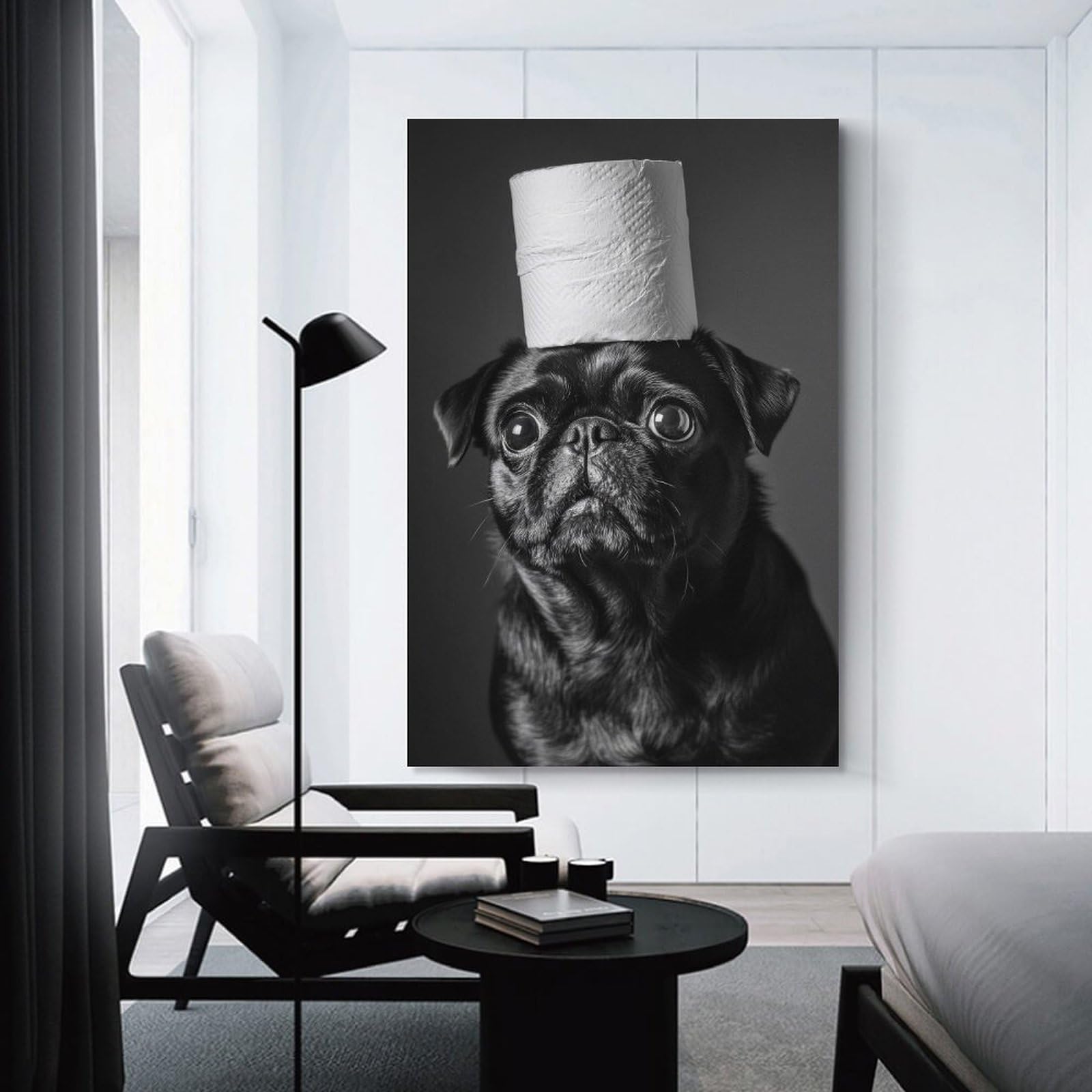 Junmoney Unframe-Style-13 Decorative Wall Artwork Pug With Toilet Paper, 08X12inch(20X30cm), For New Homes, Bedrooms Or Workspaces, Canvas Artwork With Gifting Potential