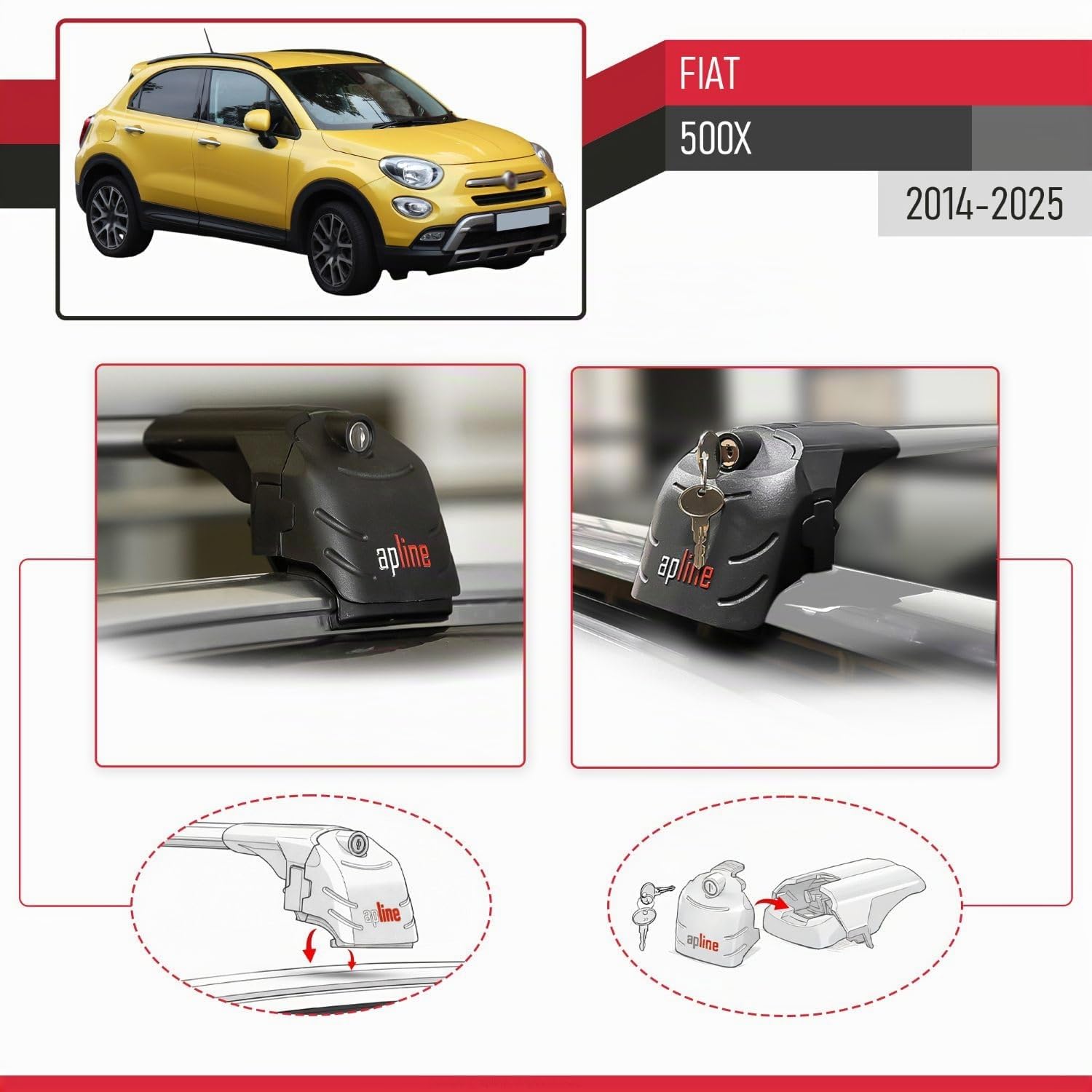 Compatible con Fiat 500 X 2014-2025 Modelo Ace-2 Barra de Techo Auto Portaequipajes Barras Transversales Gris Aluminio 2 Barras
