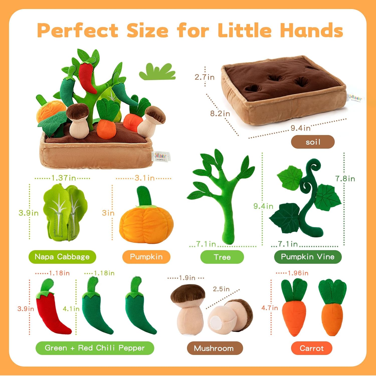 Jollybaby Baby Toys 6-12 Months - Vegetables Garden Plant Plush 11PCS - 6 Month Old Toys Montessori Sensory Toy Mushroom Carrot Boy Girl Gifts Toddler Easter Basket Stuffers