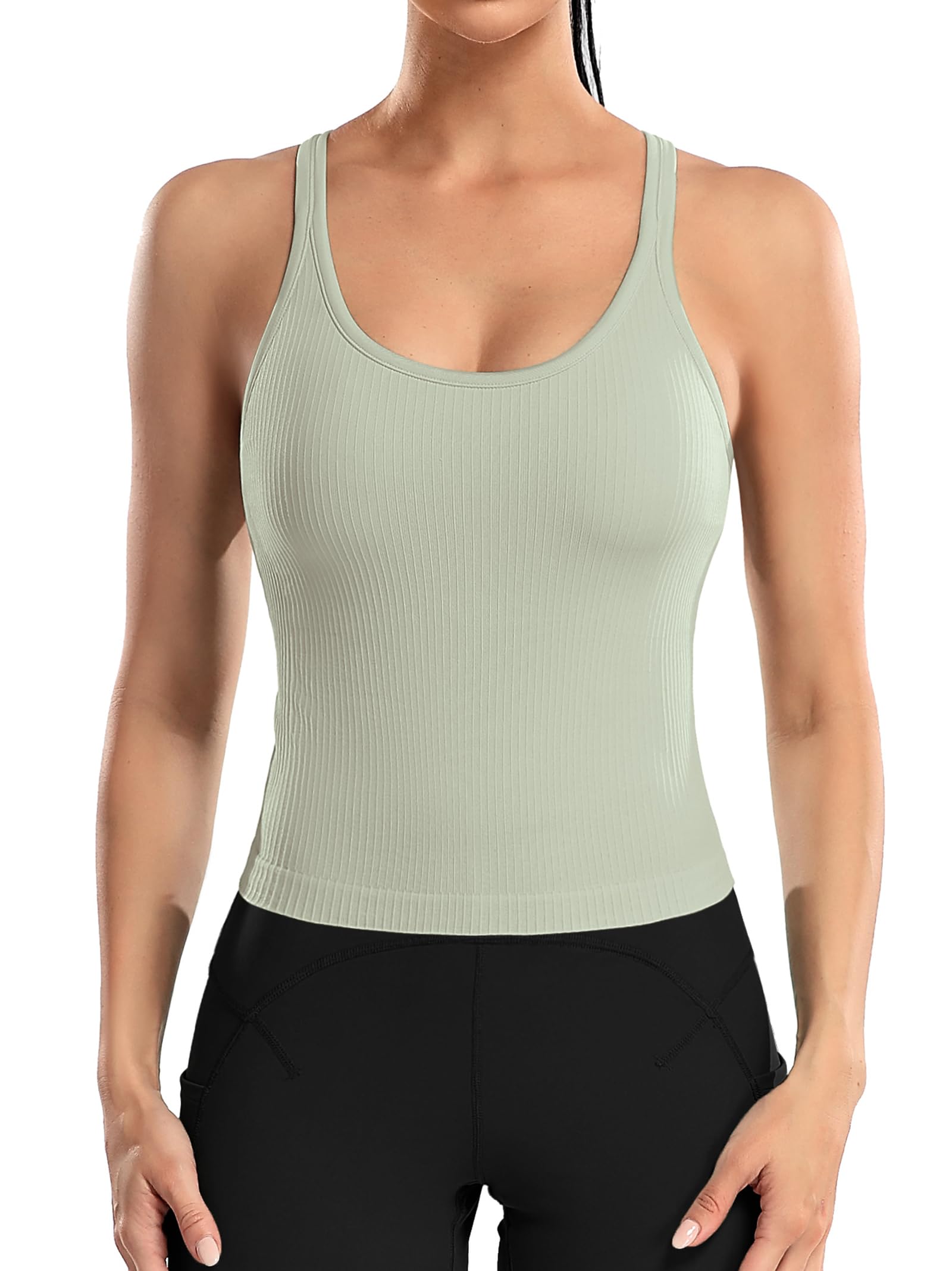 ATTRACO Women Ribbed Workout Crop Tops with Built in Bra Yoga Racerback Tank Top Tight Fit