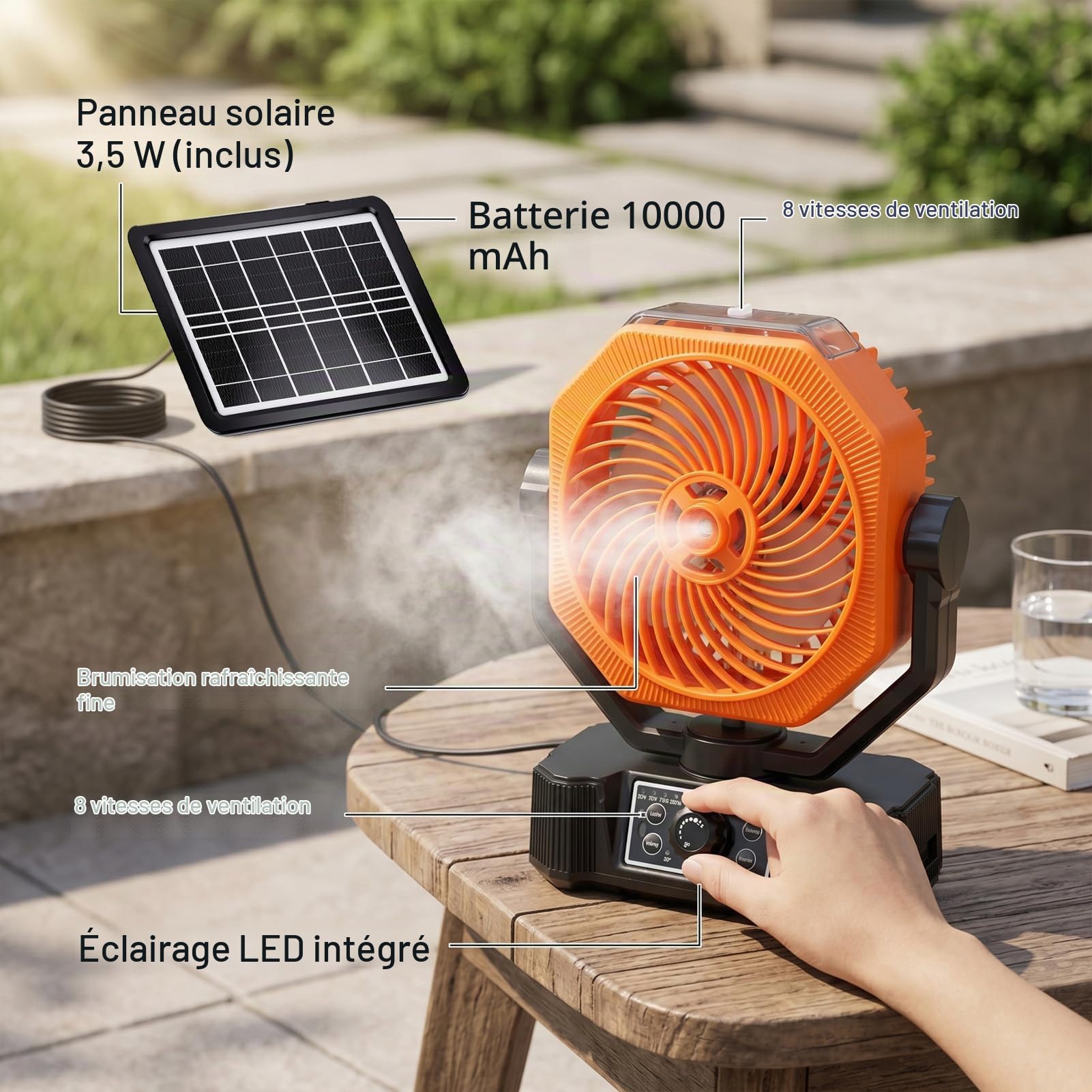 Ausla Ventilateur Brumisateur Solaire, Ventilateur de Refroidissement Portable Rechargeable à 8 Vitesses avec Lumière LED, Réservoir D’eau de 180 Ml, Batterie de 10 000 MAh, pour