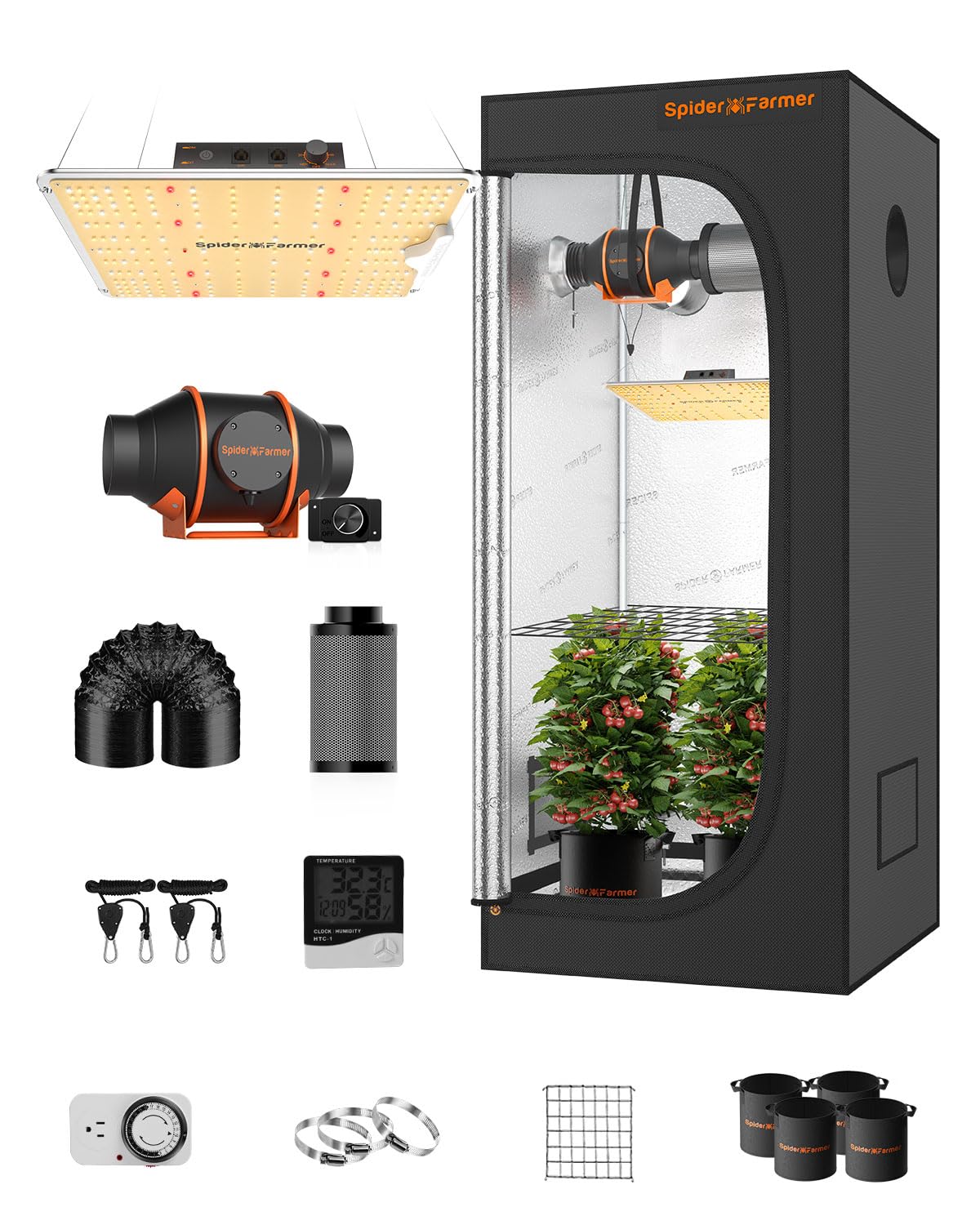Amazon.com: Spider Farmer 2023 New Grow Tent Kit Complete 3x3x5 SF-1000  Dimmable Samsung Diodes, Grow Tent Complete System 2.3x2.3ft Growing Tent  Kit Set 27x27x62 with 4 Inch Inline Fan Carbon Filter :