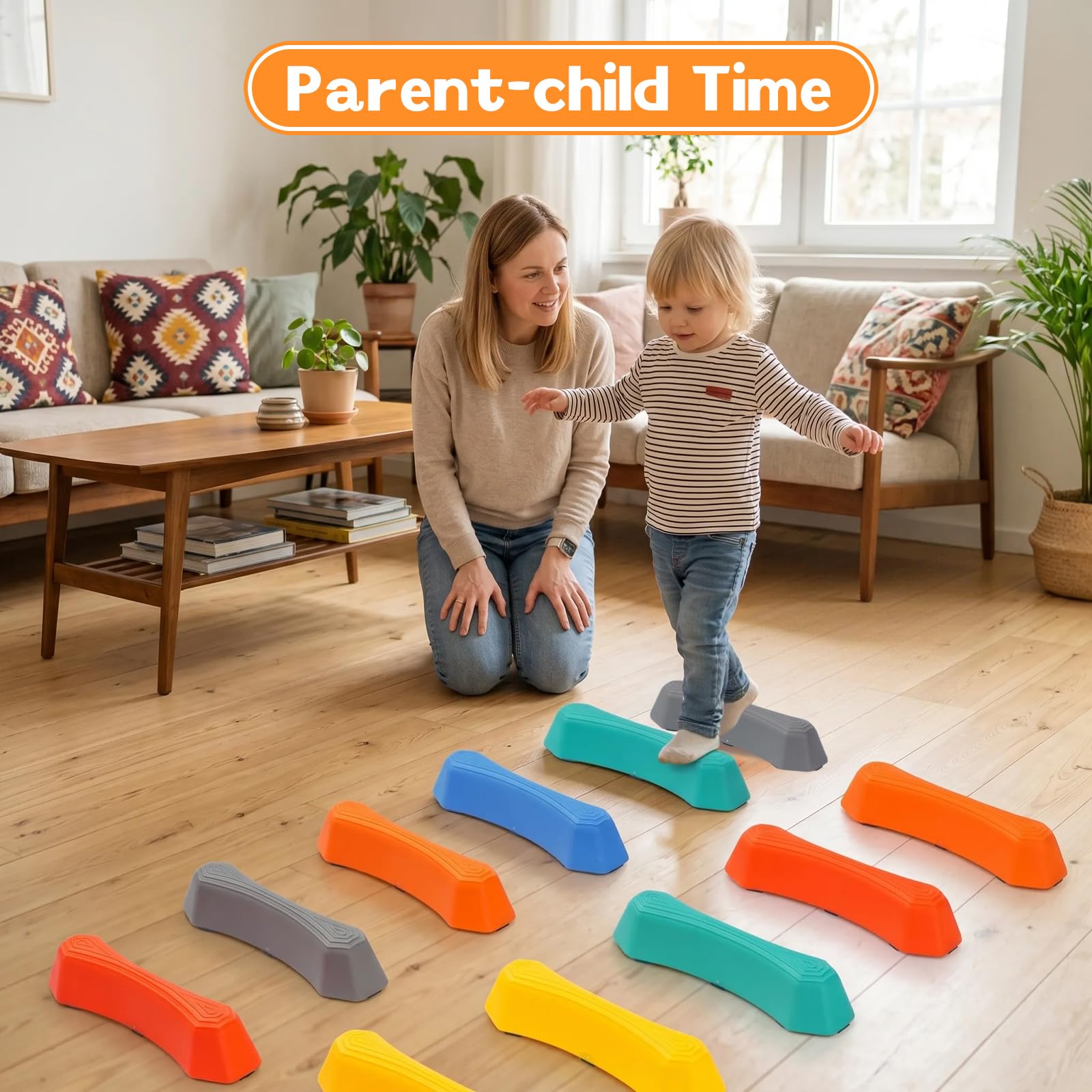 Balancierbalken Set Kinder, 12 Bunte Balanciersteine Modular Schwebebalken, Rutschfest Balance Board zur Förderung von Motorik & Koordination, Platzsparend Stapelbar, Indoor Outdoor Spielzeug
