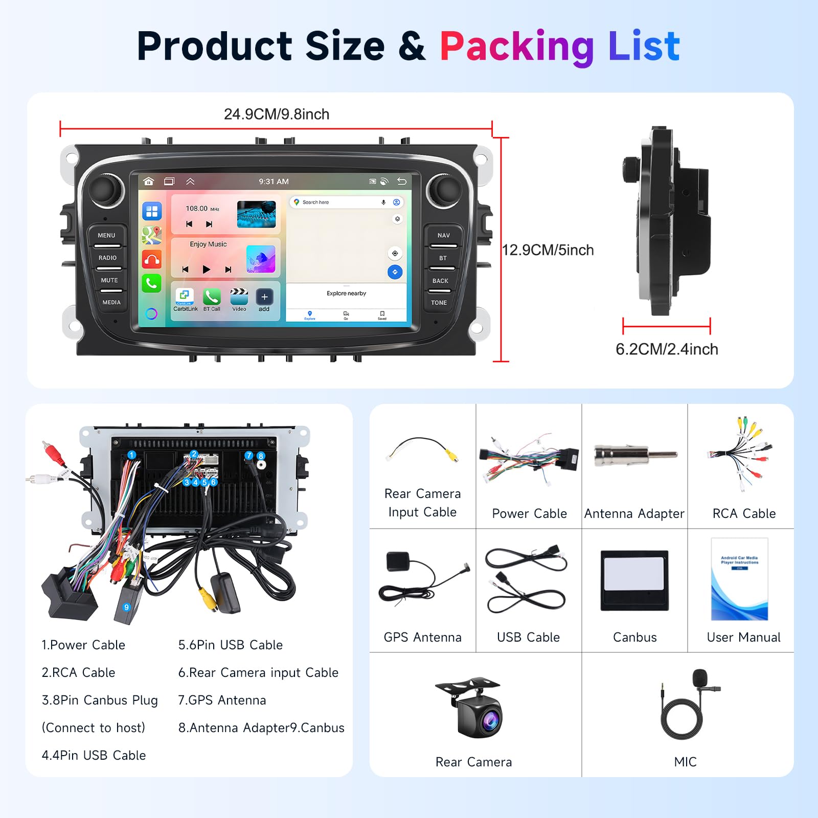 6G+128G 8-Core Autoradio per Ford Focus II mk2 Mondeo S-Max C-Max Galaxy Android Autoradio Bluetooth GPS, Hodozzy 7 Pollici Touchscreen Radio con CarPlay Wireless Android Auto, WiFi DSP FM RDS Camera