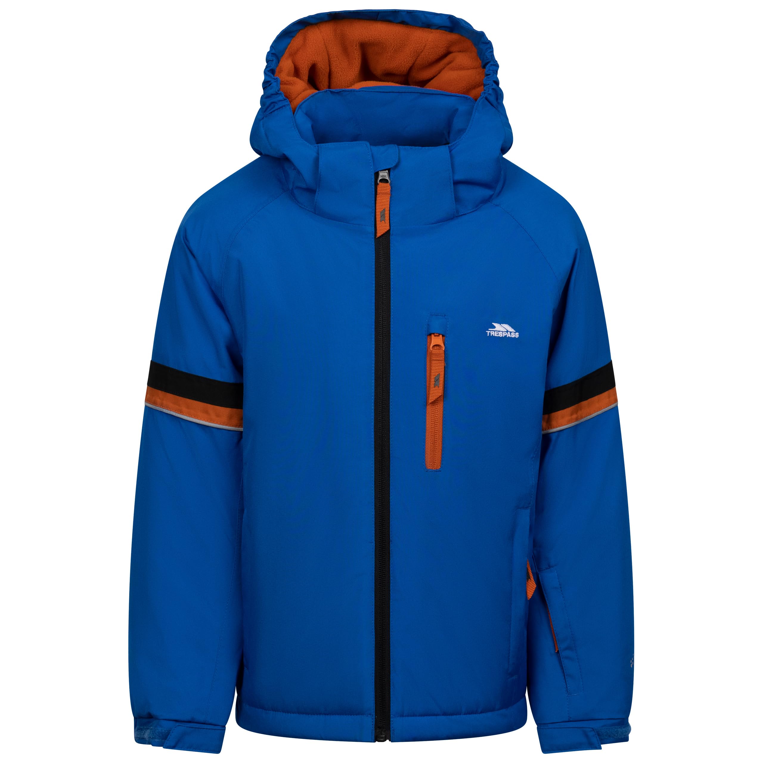 Trespass Boys Blue Ski Jacket Peter - Padded, Waterproof, Windproof, Detachable Hood, Zipped Pockets, Reflective Sleeves, Ski Pass Pocket, Snowbreak, Adjustable Hem, Elastic Cuffs