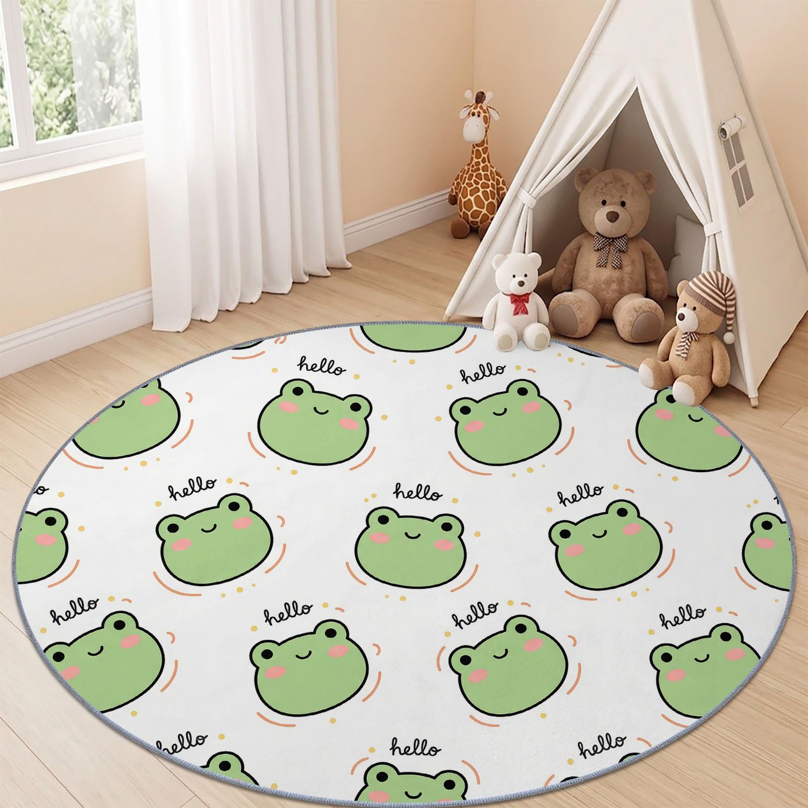 Okrągły dywan, zielony, biały, 200 cm, nadaje się do prania, z krótkim włosiem, okrągły, antypoślizgowy i miękki, kreskówka, żaba, litery, serca, kropki, dywan do salonu, sypialni, kuchni, pokoju