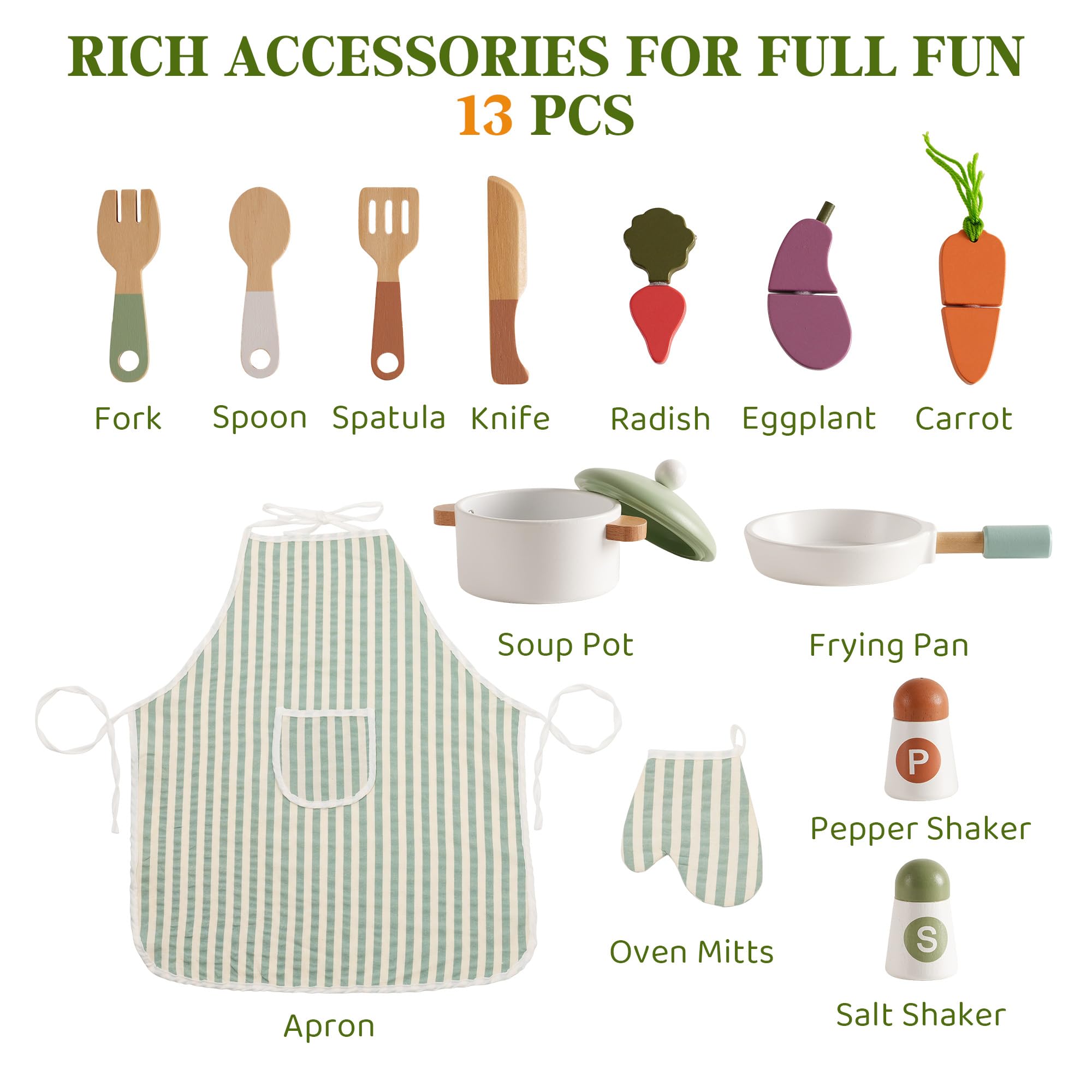 ROBUD Cucine da gioco in legno per bambini, con stoviglie, pentole, insalatiera e verdure, adatte per bambini dai 3 anni in su, verde