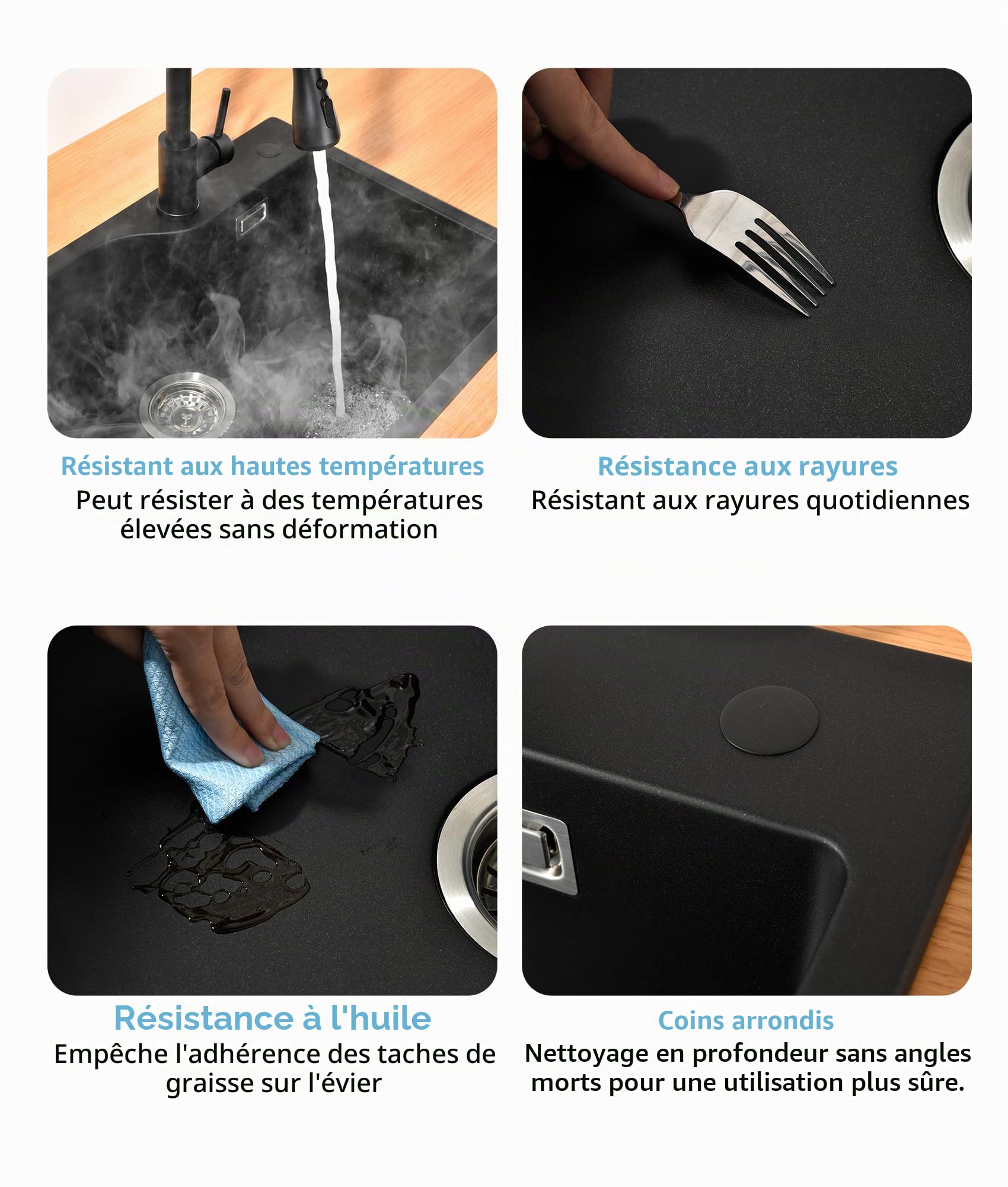Évier de Cuisine Noir en Granit, Evier Cuisine 1 Bac 70 x 45 cm, Avec Bac Intérieur de Rechange et Vidange, Évier Cuisine Adaptable aux Meubles Bas à Partir de 80 cm de Largeur