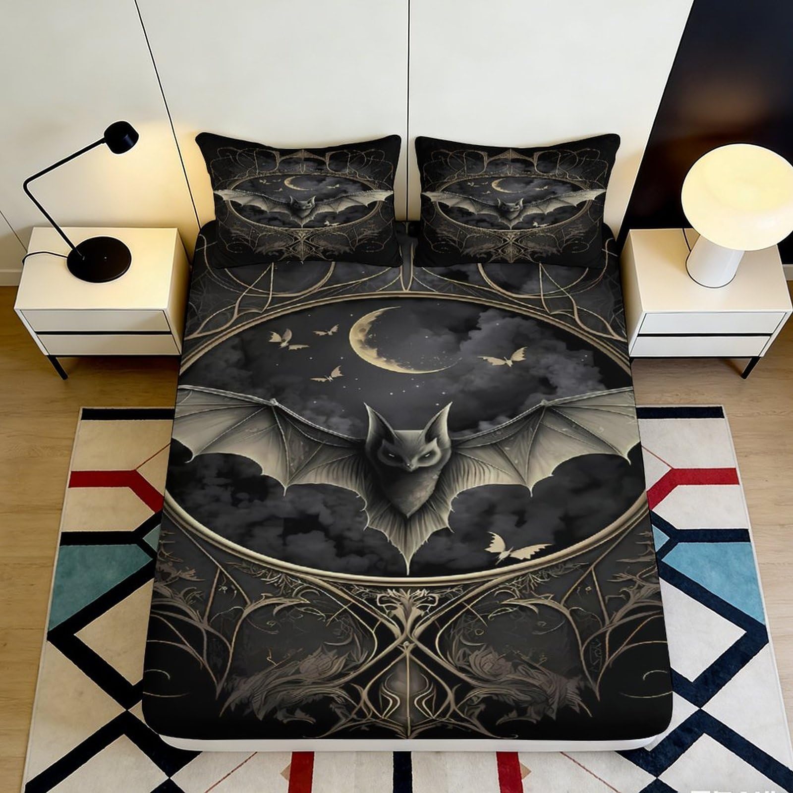 Jqzkxnhpbr Style-2 3D Printed Gothic Bat Fitted Sheet Microfiber Soft Breathable Moon Night Mattress Cover Bedroom Decor 90X200x25cm