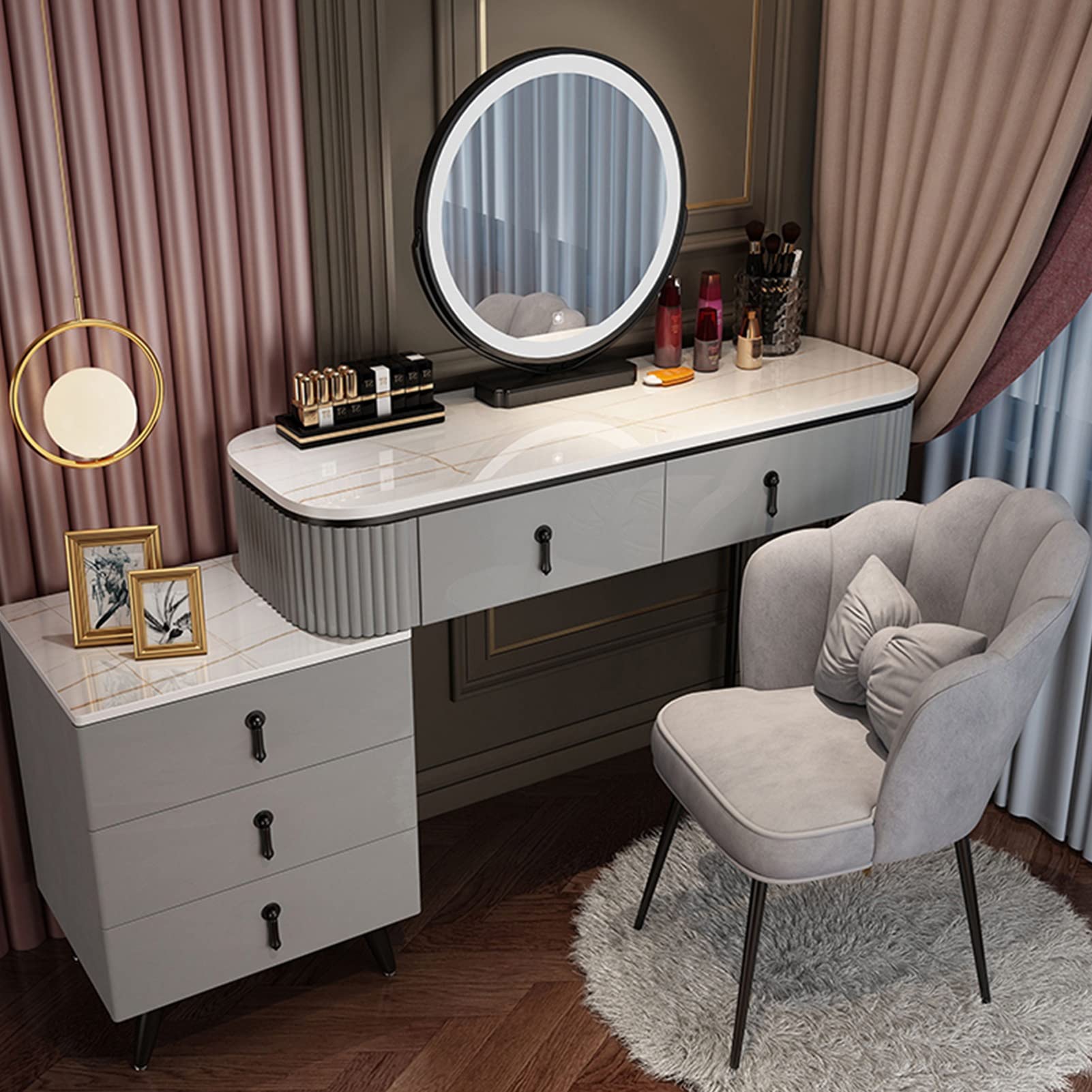 asdchZen Modern Vanity Desk With 360°Swivel Mirror, Makeup Table With Drawers & Nightstand, Adjustable Brightness & 3 Color Modes, Stylish Dressing Table,Gray a-120cm/47.2in