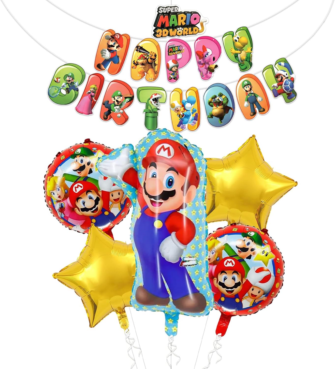 Rozi Decoration Mario Theme Happy Birthday Banner and Super Mario Foil Balloons Combo Set of 6 Pieces for Girls, Boys, Kids Mario Video Game Theme Birthday Decorations Party Supplies