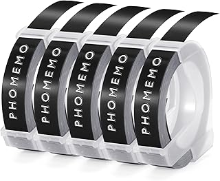 Phomemo Label Tape Compatible with Dymo Omega Label Tape for Dymo Embossing Label Maker Tape 9mm for Dymo Omega S0717930 Junior S0717900 3D Embossing Label Maker (White on Black Label Tape,5 Pack)