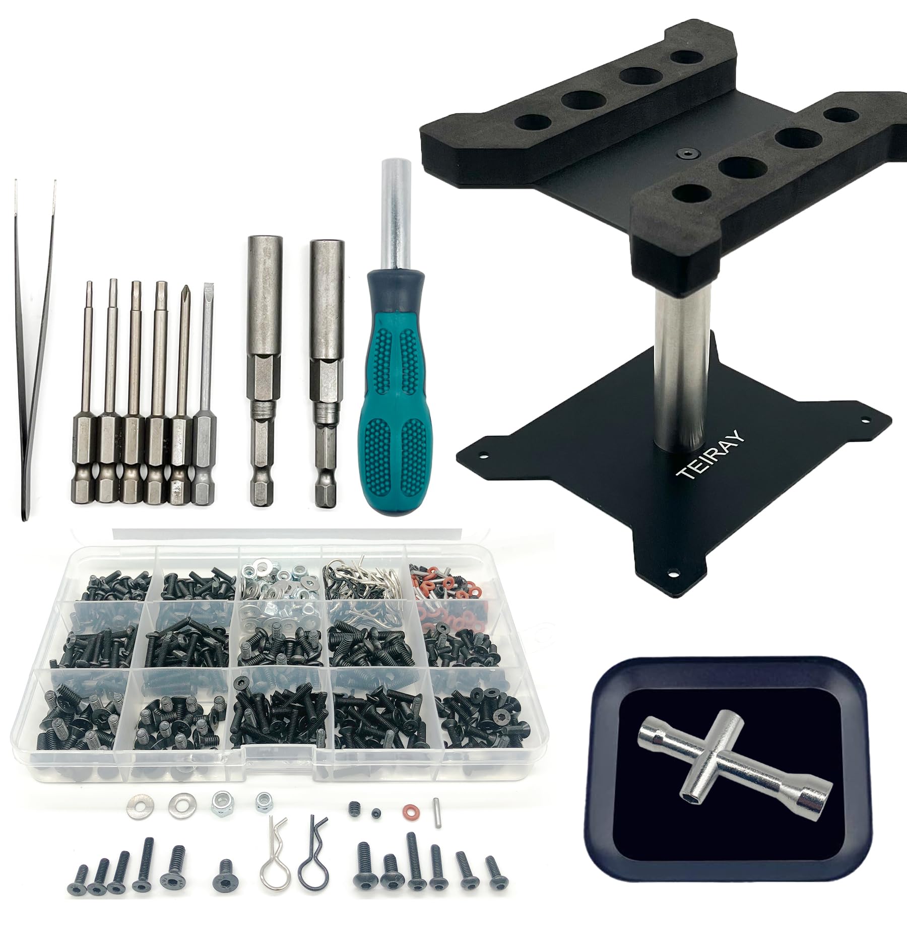 Support de réparation de Voiture télécommandée - Rotation à 360 degrés - Kit de 600 vis et kit de vis et de palettes pour 1/8 1/10 1/12 1/16 1/18 RC Car Truck Crawler (Noir)