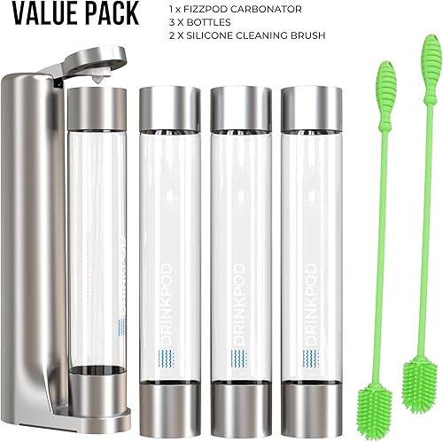 Miniatura 4 de Fizzpod Home Soda Maker - Carbonatador de agua con gas con 3 botellas y 2 cepillos para botellas (plateado)