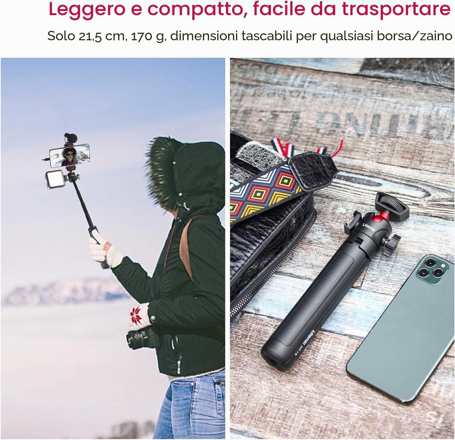 ULANZI MT-16 Vlogging Treppiede con testa a sfera a 360° 1/4 vite Cold Shoe Mount, Mini Tripod estensibile da 22 cm a 44 cm, piccola fotocamera Tripod per DLSR Canon Nikon Sony fotocamera Smartphone