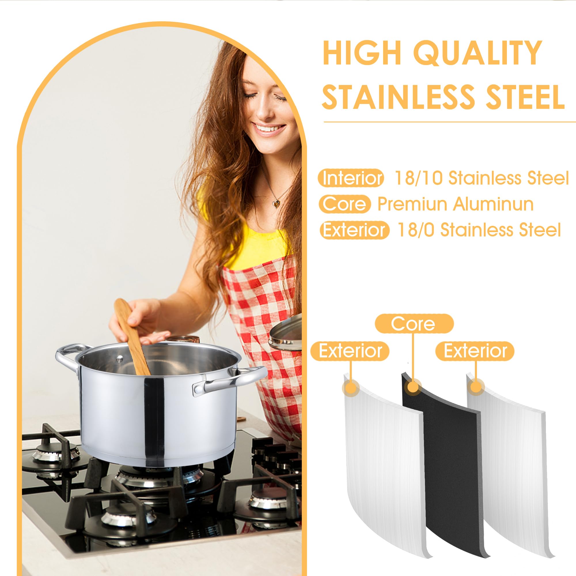 Herogo Pentola da 26 cm, 6,7 l, in acciaio inox, a induzione, con coperchio in vetro, per pasta e carne, per tutti i piani cottura, non verniciata e lavabile in lavastoviglie