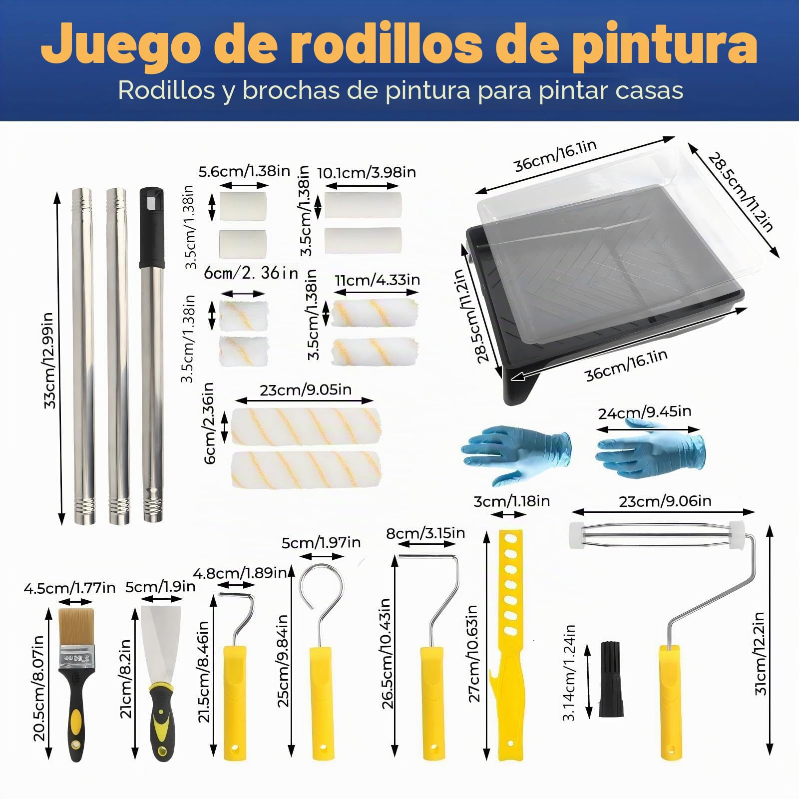 12 Piezas Kit Rodillo Para Pintar Paredes Multifunción, con 3 Barra Telescópica, Bandeja, Rodillos, Marco de Rodillo, Mezclador, Espátula, Brocha Pintura para Pintar Renovar Paredes y Techos