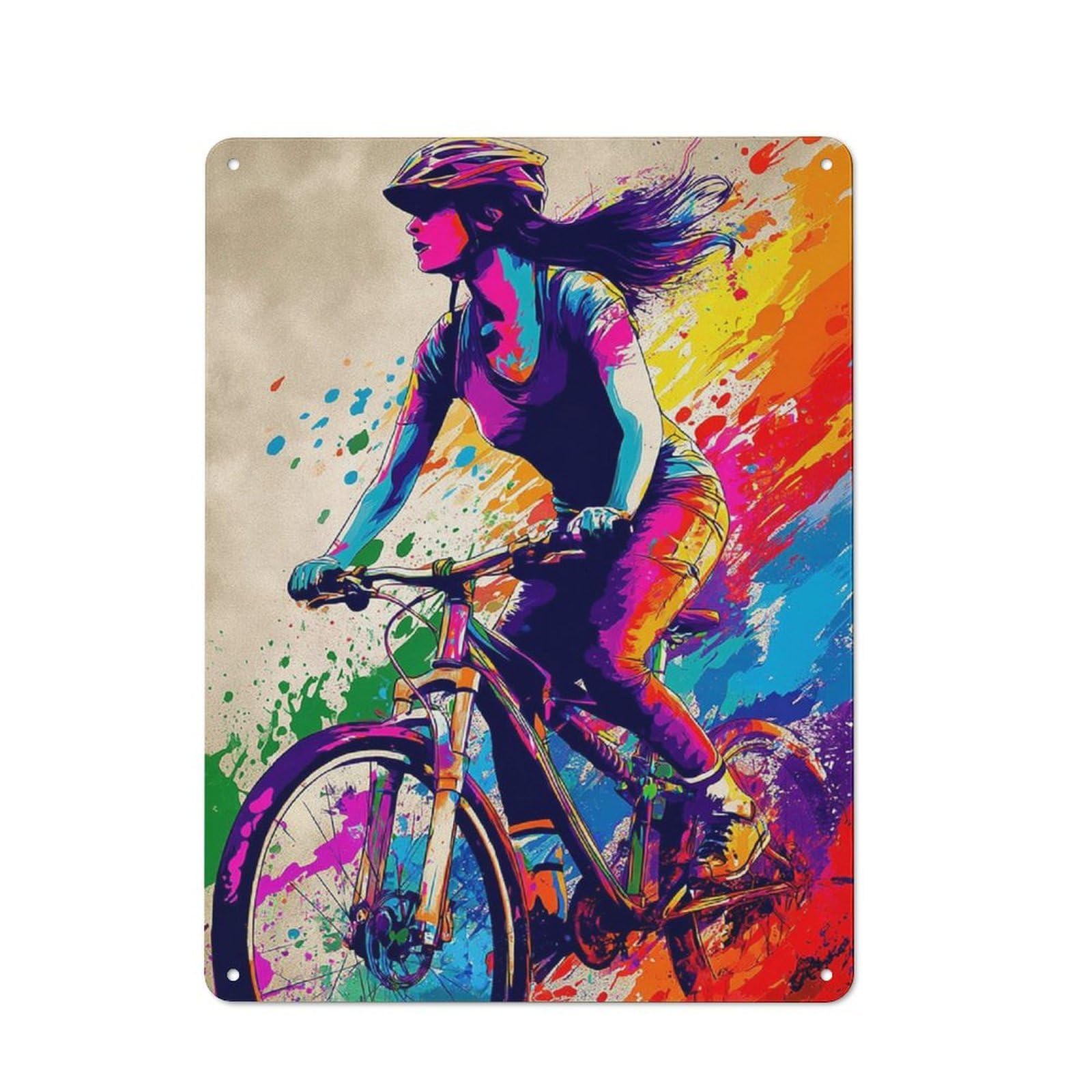 Junmoney Colorful Cyclist In Motion Vintage Bistro Metal Sign 40X30cm, Bistro Wall Plaque For Takeaway, Bar, Kitchen Or Counter Area
