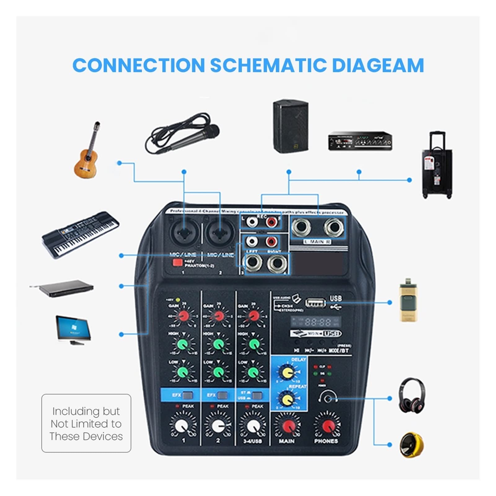 Attrezzatura per DJ per Feste Professional Studio 4 Channels Mixer Audio Interface USB Bluetooth Sound Mixing Console 48V Phantom Power Sound Card(U-S)