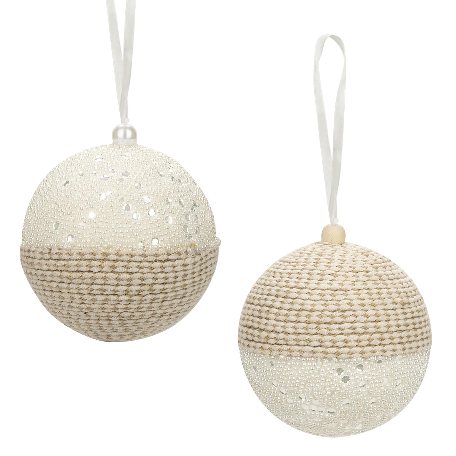 Arborus15cm Large Christmas Baubles, 2pcs Rustic Ornament Set Yarn Woven Cream Tree Decorations Xmas Hanging Ornaments for Home Table Centerpiece Decor