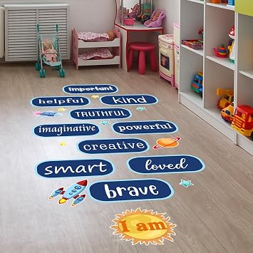 Inspirational Quotes Floor Decals Hopscotch Game Floor Stickers Outer Space Rocket Star Peel and Stick Wallpaper Motivational Saying Floor Wall Decoration for Kids Classroom Playroom School