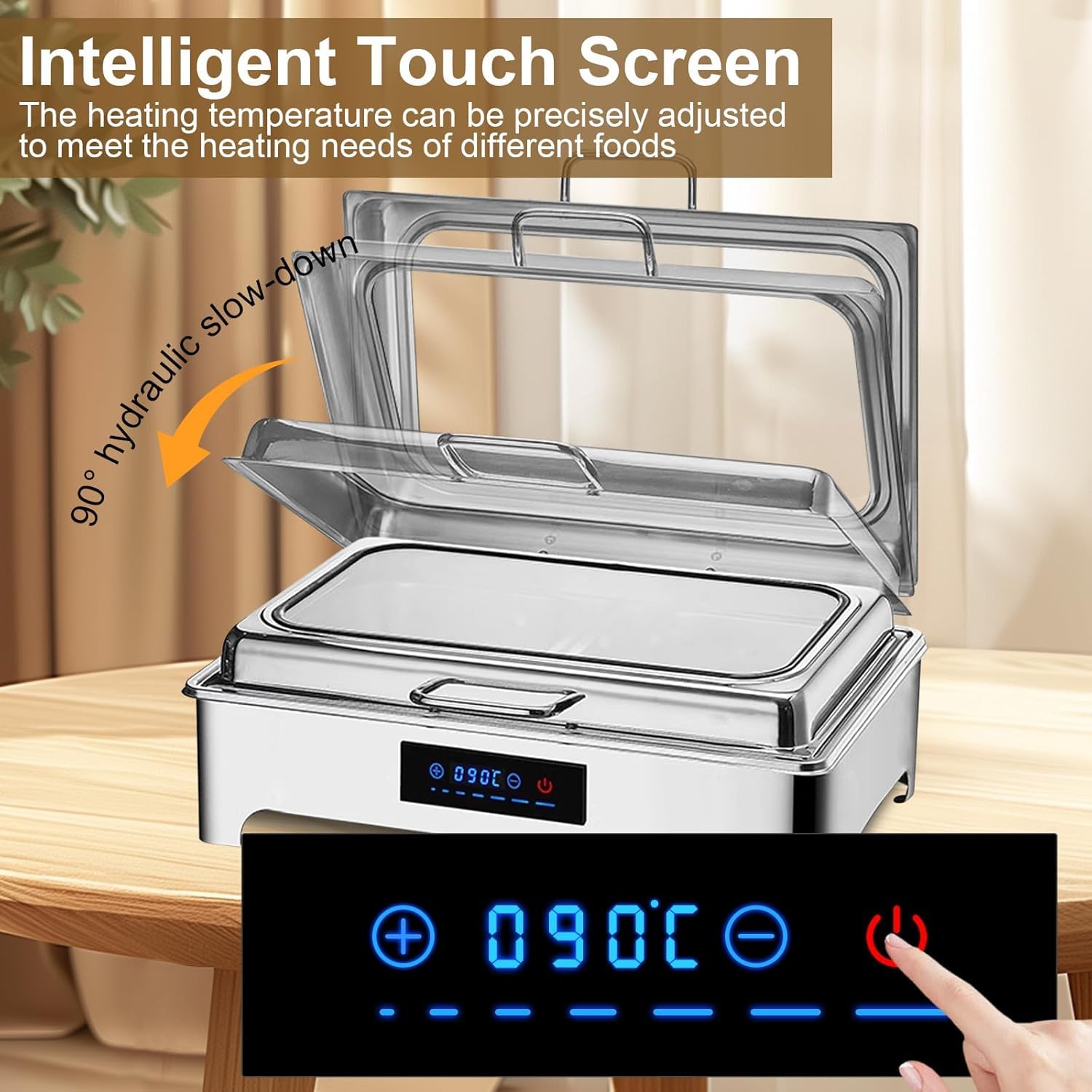 Calentador de Comida Buffet Eléctrico, 9L Acero Inoxidable (GN1/1) | Calienta Platos con Tapa de Vidrio y Control Táctil, Profesional Bandeja Calefactora para Fiestas, Hotel y Catering, 35-90°C