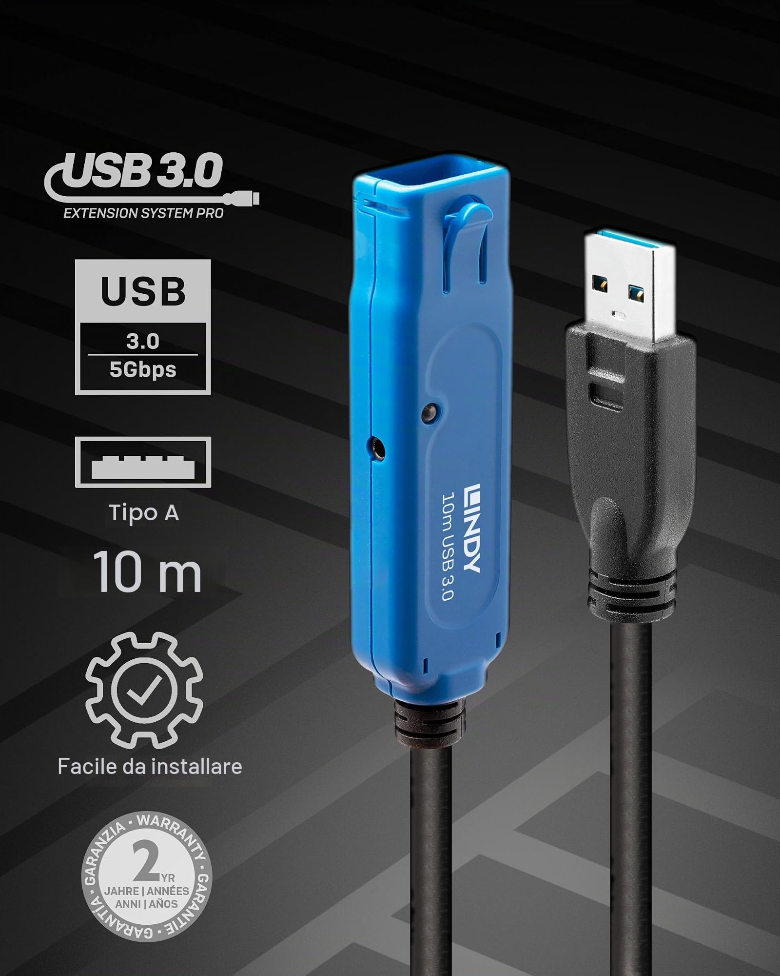 Lindy - Cavo Prolunga USB 3.0 Active Extension Pro 10 Metri, Connettore USB Tipo A Maschio a Femmina, Velocità di Trasferimento Dati Super Speed fino a 5 Gbps per Webcam, Lettori di Schede, nero