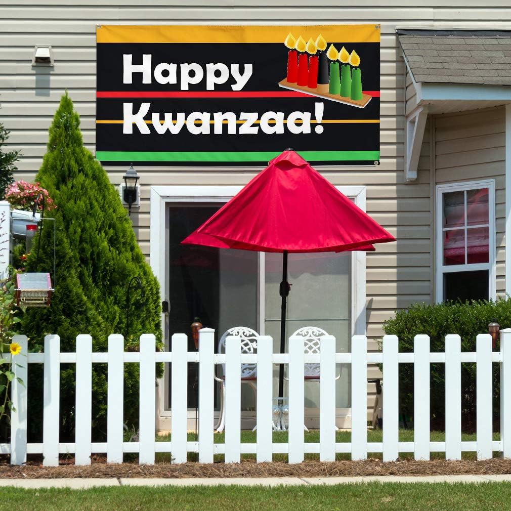 Vinyl Banner Sign Happy Kwanzaa Candles Lifestyle Outdoor Marketing Advertising Black - 16inx40in, 4 Grommets, One Banner
