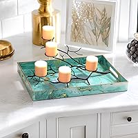Vista 6 de Bandeja de mesa auxiliar para sala de estar, 2 bandejas delicadas para servir con asas, moderna bandeja otomana de plástico marmolado, bandeja
