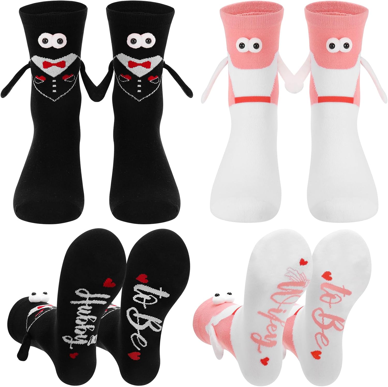 Jspupifip 2 Pairs Bride and Groom Socks, Wedding Socks with Magnetic Hands, Novelty Engagement Gift