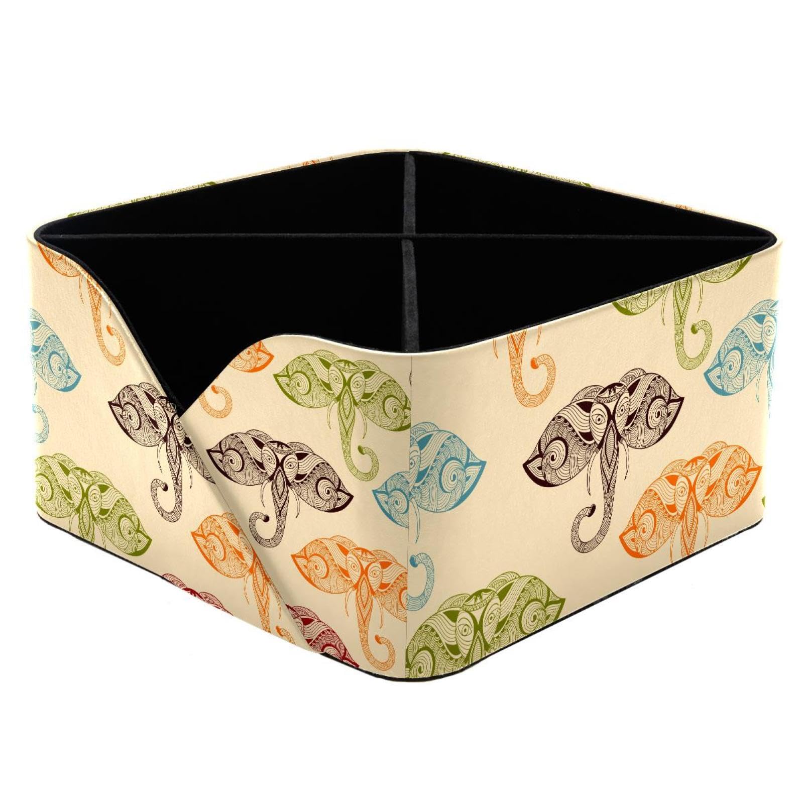 KengjuTesu Bright Doodle Elephants Indian Tribe Pattern Desktop Organizer Pen Holder, Rectangular Pencil Cup for Office, Study and Makeup Stations