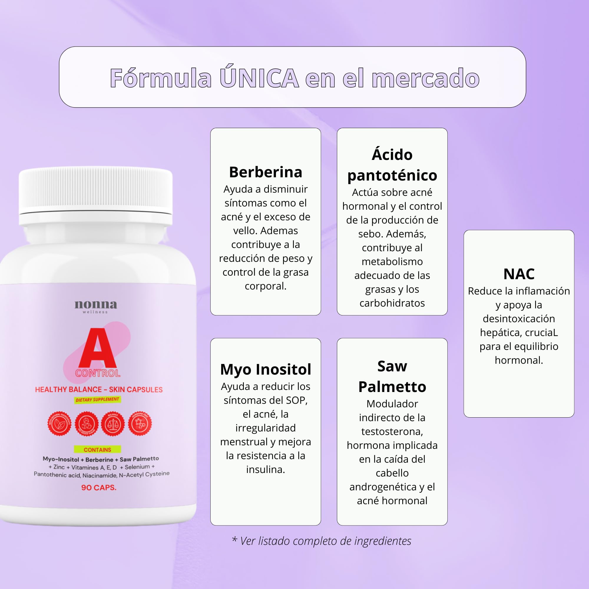 Myo-Inositol + Zinc + Berberina - 11 Activos - Trata el Acné Hormonal | Equilibrio Hormonal Femenino - para Ciclos Irregulares y SOP - Reduce Caída del Cabello - 90 cápsulas | Nonna Cosmetics