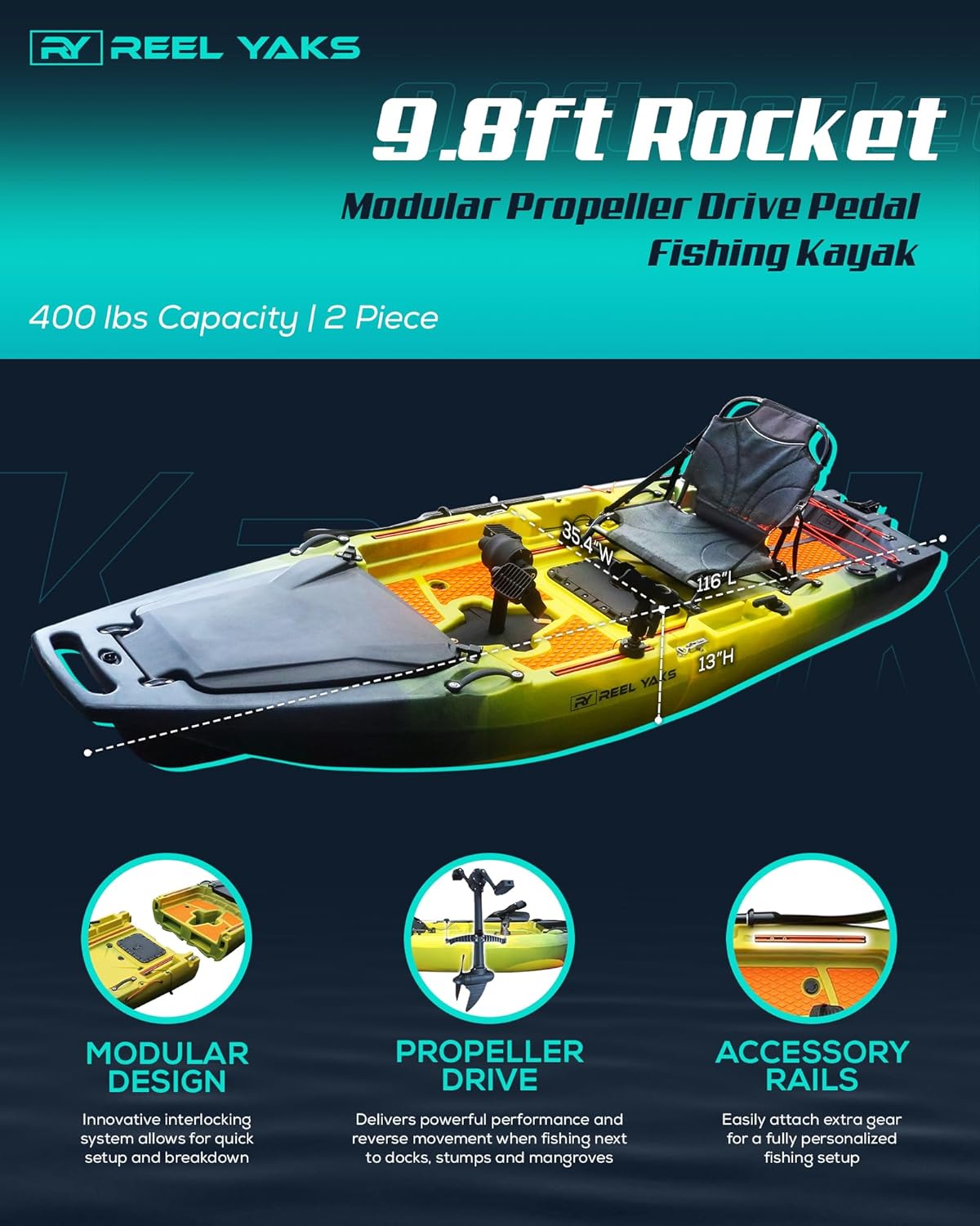 reel yaks rocket modular fishing kayak - 9.8ft lightweight, sit on top kayak for adults & youth - stable & portable, ideal space-saving design for travel - 400 lbs capacity propeller drive