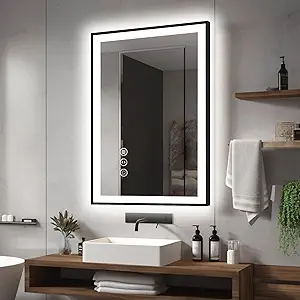 24x36 LED Bathroom Mirrors for Wall -Black Aluminum Framed (Front and Backlit), Anti-Fog Vanity Mirror with Lights,Stepless Dimmable Lighted, 3 Colors Smart Mirror(Horizontal/Vertical)