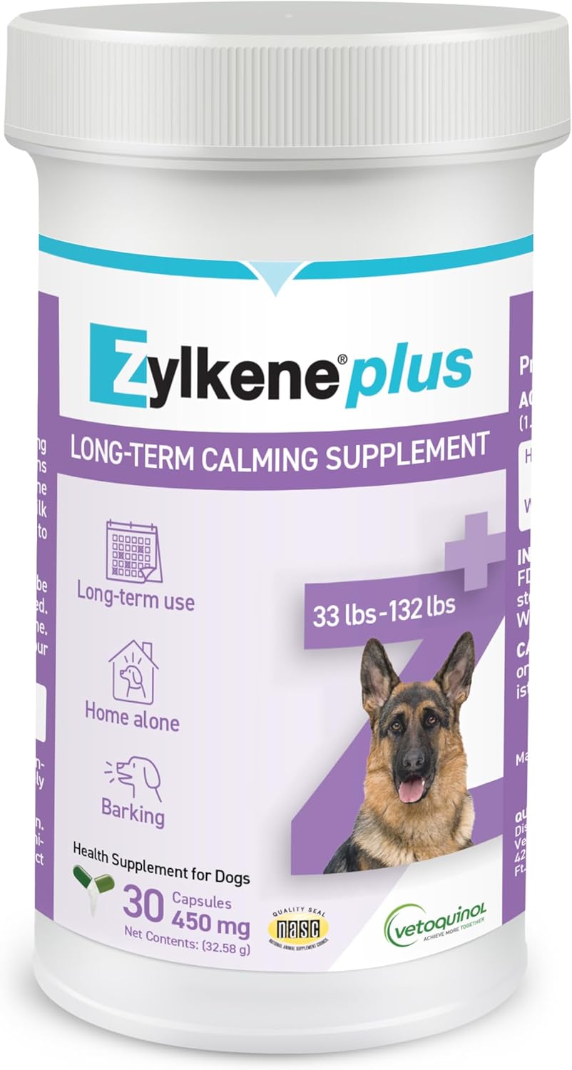 Vetoquinol Zylkene Plus Long-Term Calming Supplement with Alpha-Casozepine and White Fish Muscle Hydrolysate for Cats and Medium Dogs 22-65 lbs, Daily Behavioral Support for Dogs, 225 mg