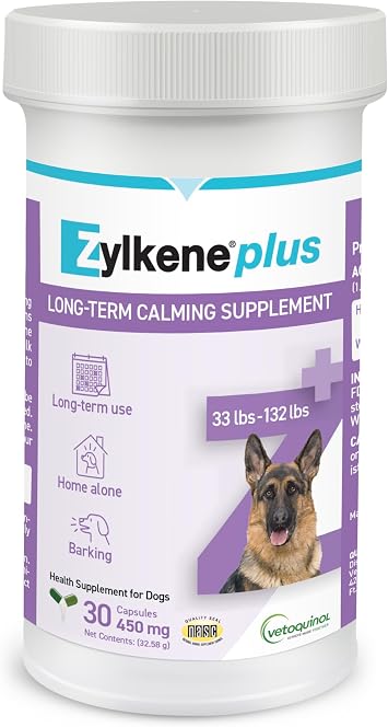 Vetoquinol Zylkene Plus Long-Term Calming Supplement with Alpha-Casozepine and White Fish Muscle Hydrolysate for Large Dogs 33-132lbs, Daily Behavioral Support for Dogs, 450 mg
