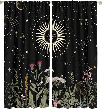 Sun Moon Curtain, Sun and Crescent Moon in an Octagonal Star Boho Retro Style Room Darkening Window Rod Pocket Curtain for Bedroom Kitchen Living Room 42x45in