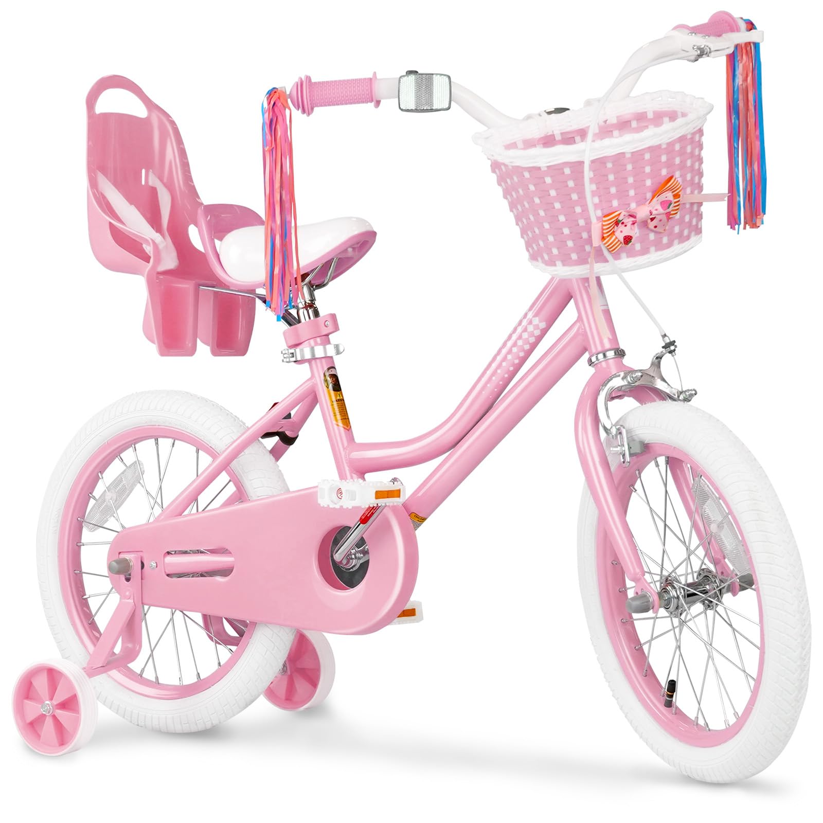 Glaf Kids Bike for Girls Boys Ages 3-9 Years, 12 14 16 Inch Girls Bike with Doll Seat, Kids Bicycle with Training Wheels and Basket, Boys Bikes(16 inch, Pink)