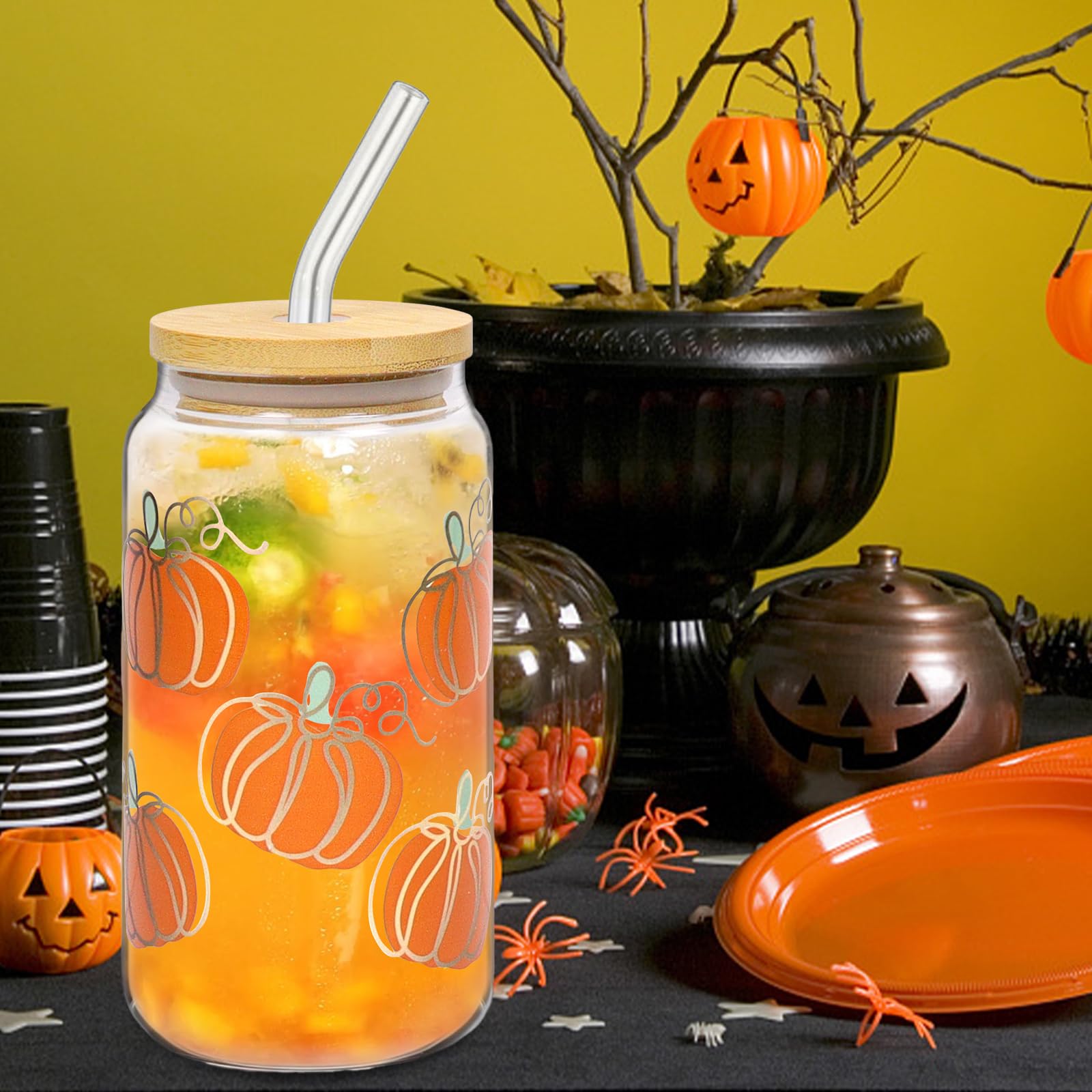 Booaee Bicchiere con Cannuccia,500 ml Bicchiere Vetro con Cannuccia per Halloween Bicchiere con Cannuccia Halloween Zucca Bicchieri per caffè succo di frutta cocktail e altro ancora