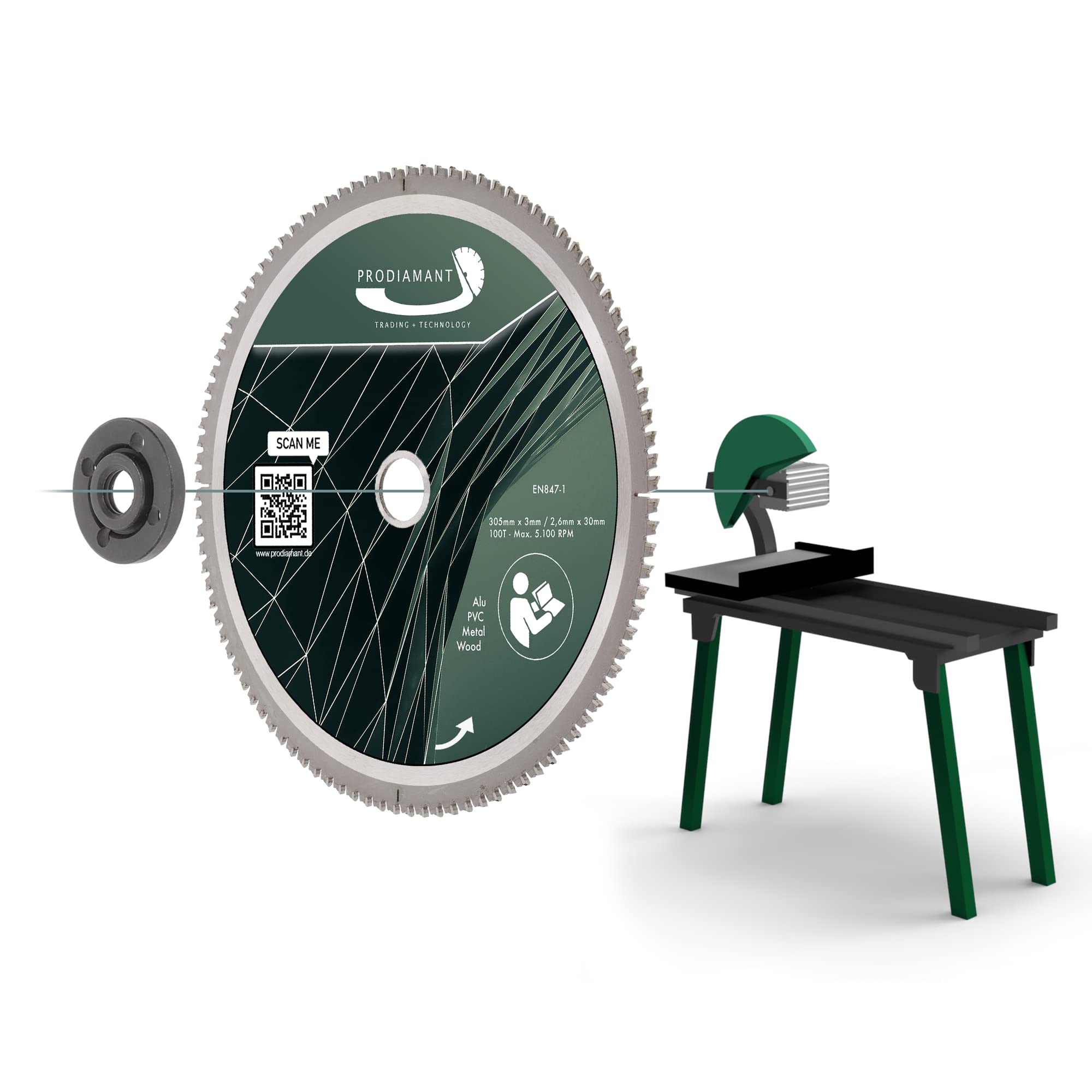 PRODIAMANT - Lama per sega in metallo duro, per legno, alluminio, plastica e laminato, con denti HM TCT, per sega da banco, sega troncatrice e sega circolare, 305 x 30 mm