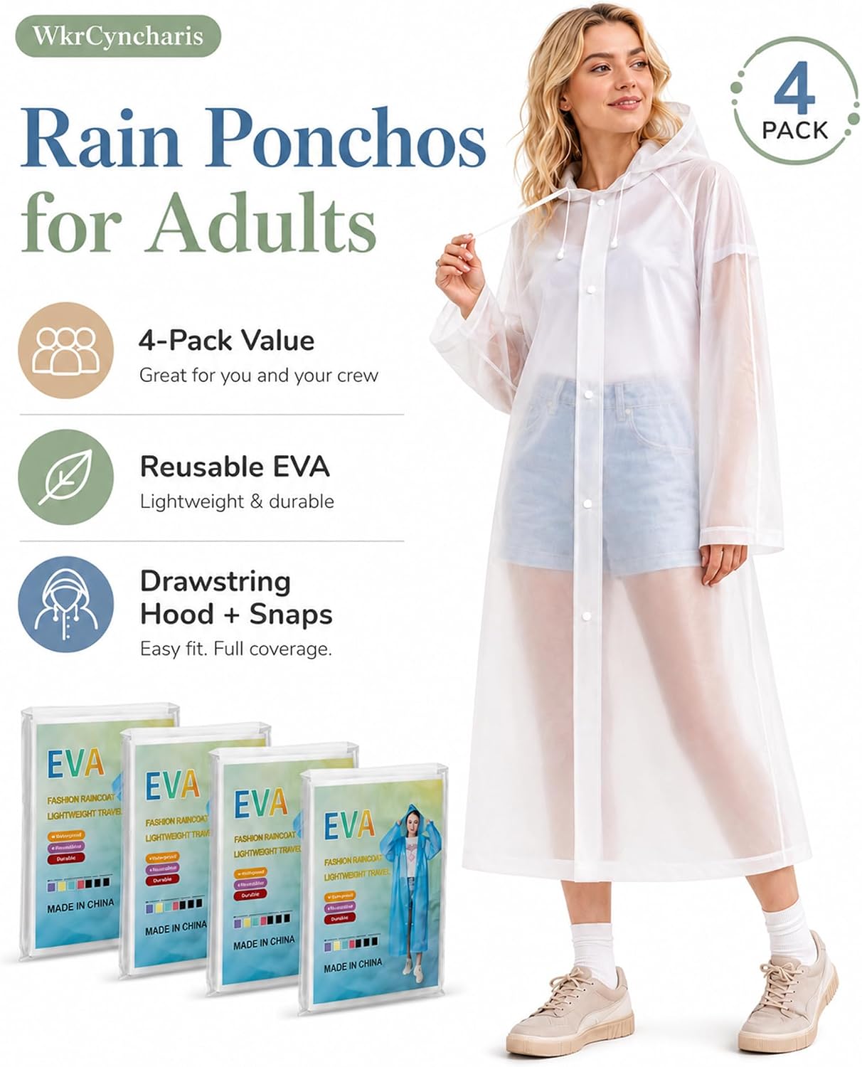 Rain Ponchos for Adults - 4 Pack Reusable EVA Waterproof Rain Jackets with Drawstring Hood and Snap Button