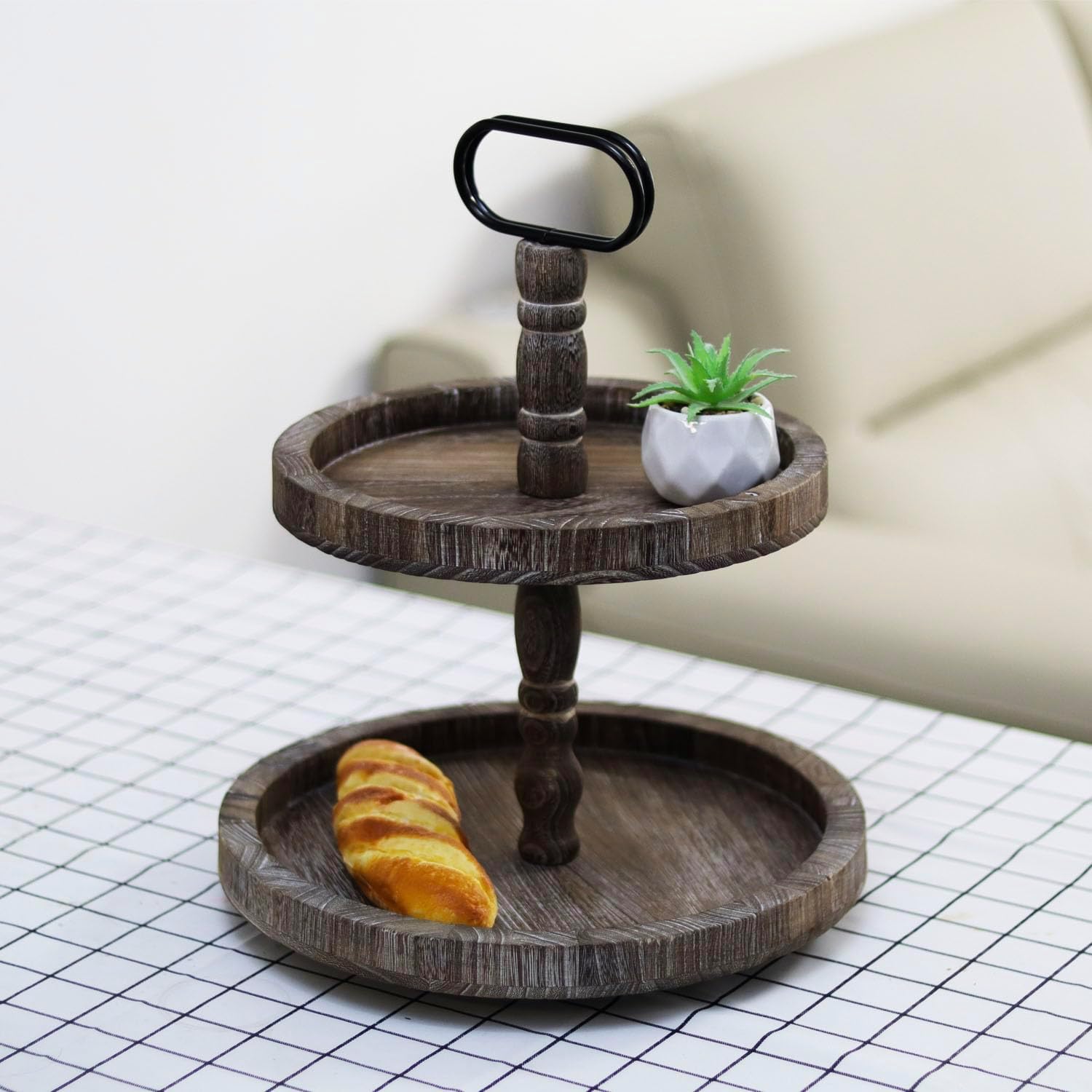 Rustic 2 Tiered Tray Decor, Coffee Color, Wooden Material, Round Shape (Brown)