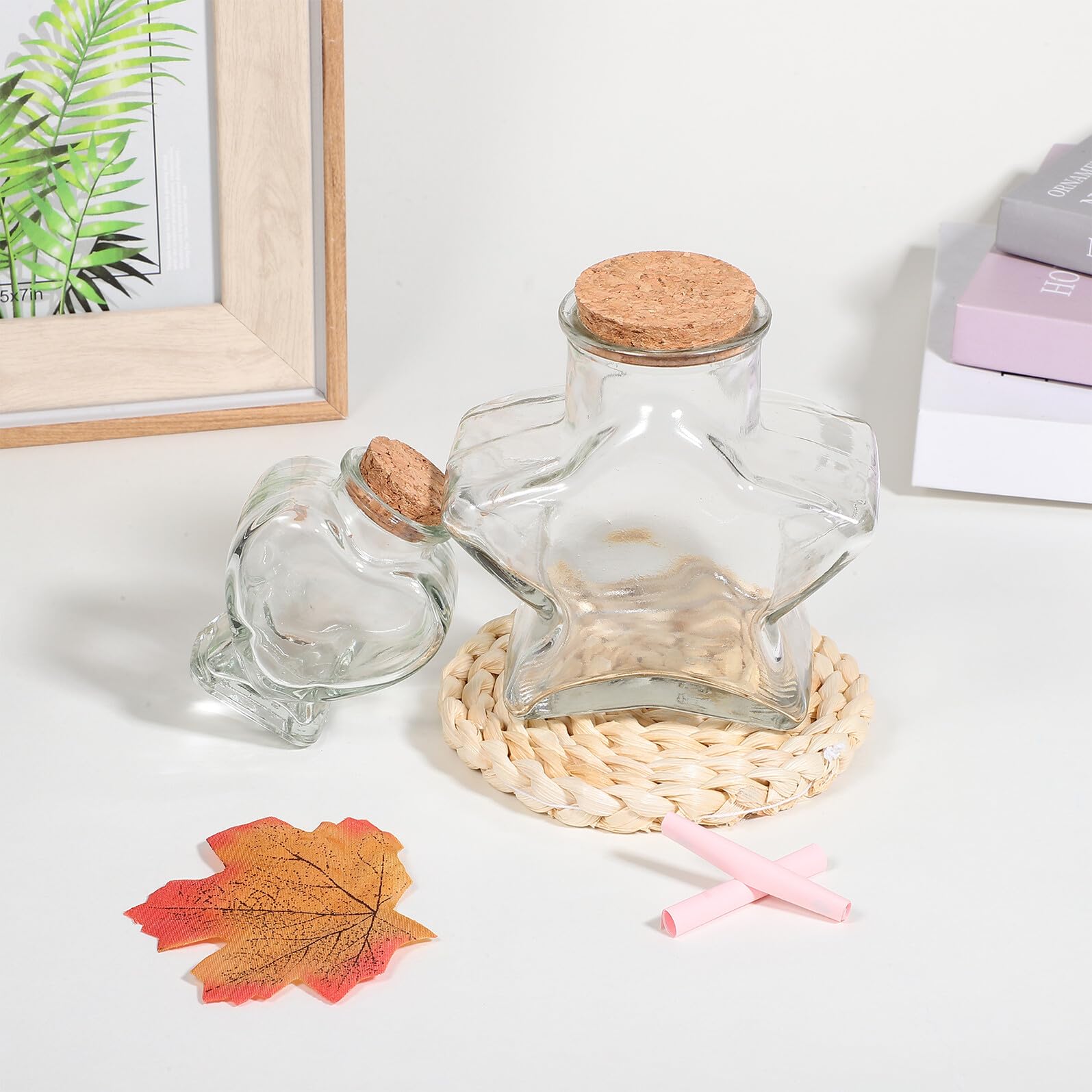 Toyvian Set da 4 Barattoli di Vetro Trasparente con Tappo in Sughero Bottiglie Decorative a Forma di Cuore e Stella Contenitori Artigianali per Caramelle Messaggi e Decorazioni Fai da