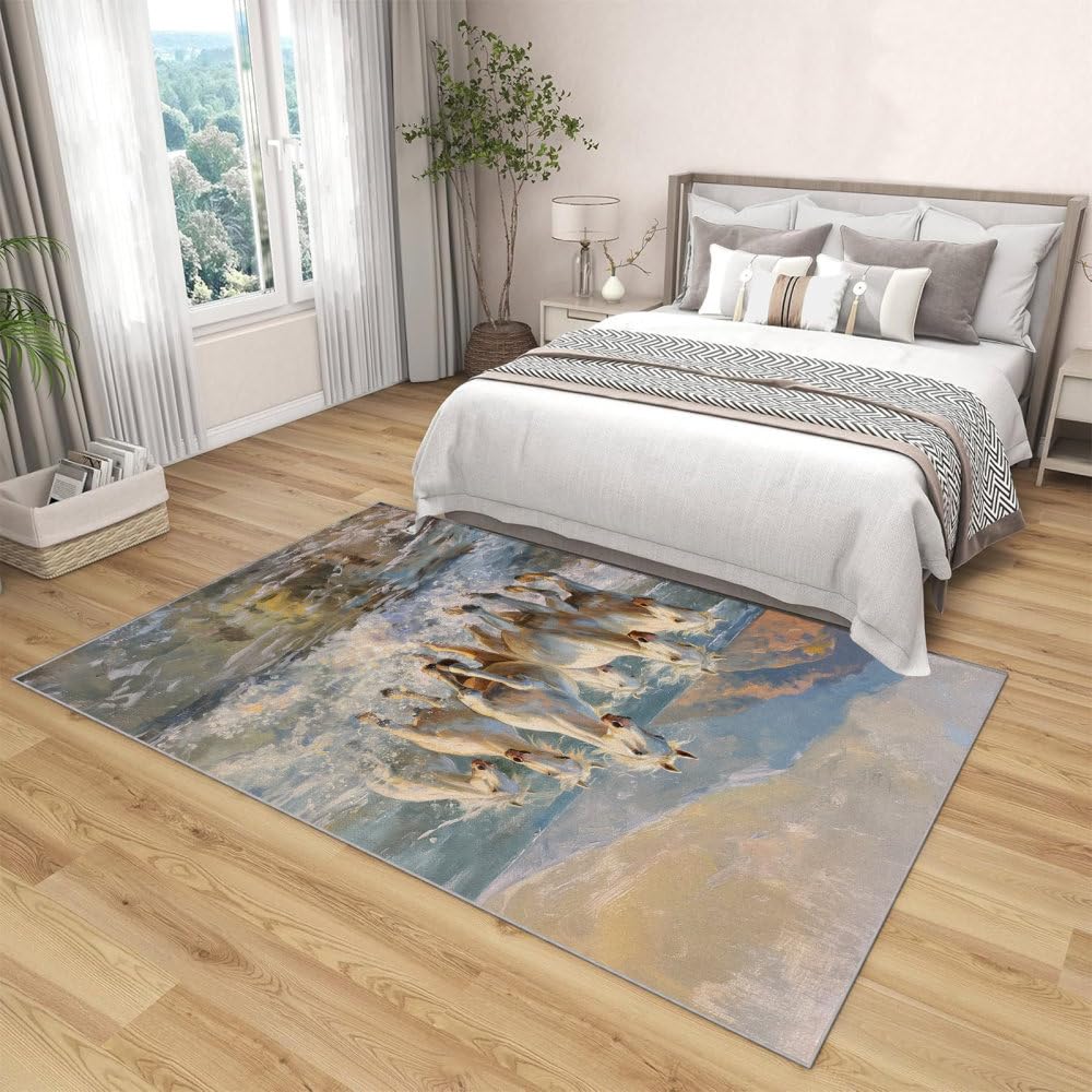 Tapis traditionnel vintage peinture à l'huile de cheval pour un salon raffiné