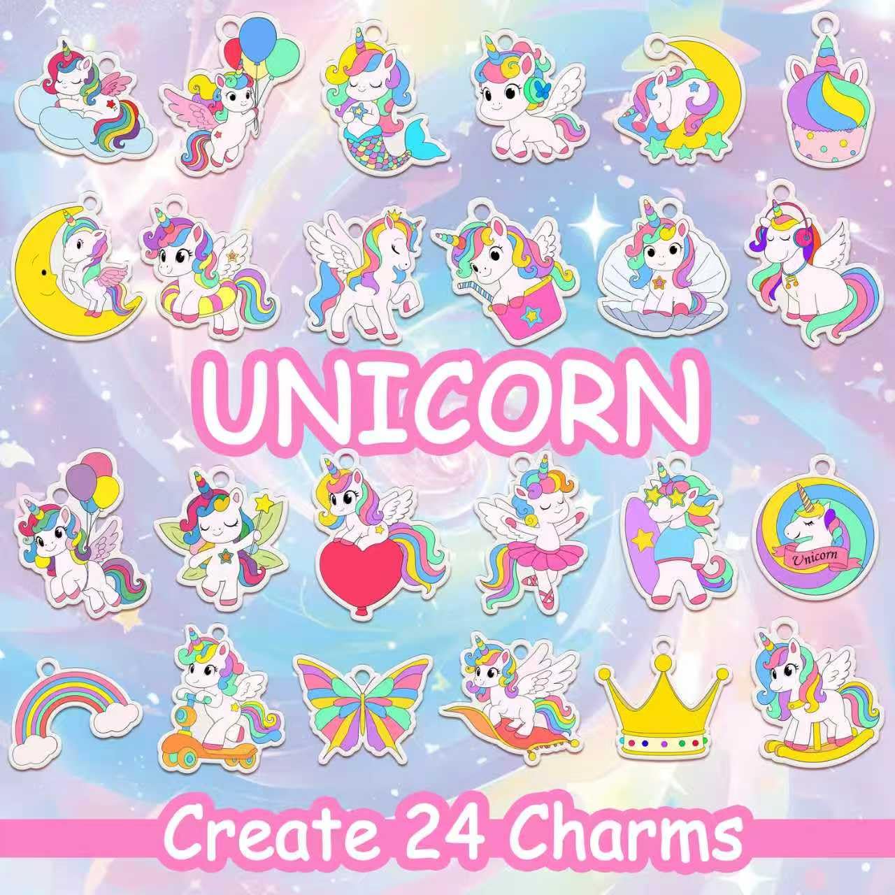 63 pièces Kit de loisirs créatifs Licorne en film rétractable pour enfants, 24 modèles enchanteurs, 12 stylos à double pointe, colliers de perles,rubans cirés et porte-clés à peindre soi-même À partir