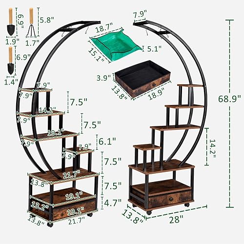 Miniatura 3 de 2 soportes para plantas de interior de media luna de 71 pulgadas de alto con ruedas bloqueables, estante para plantas de 14 niveles con cajón y