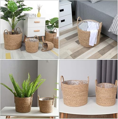Miniatura 5 de Zerodeko Jarrón de flores de hierba marina, cesta de paja para plantas, cesta tejida, maceta de flores, contenedores de mimbre para plantas con