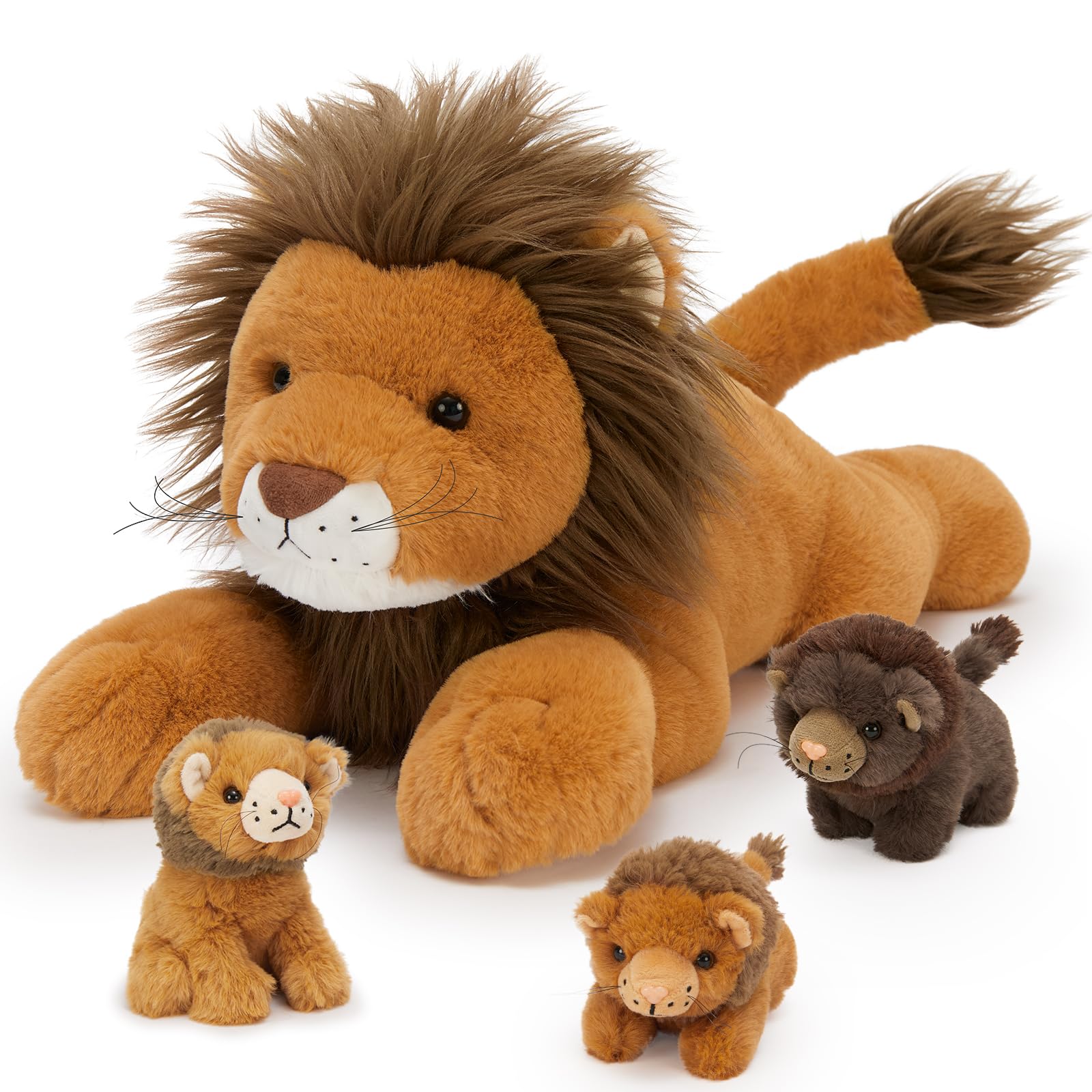MorisMos 50cm/20in Lion Teddy with 3 Babies inside, Lifelike Cuddly Lions Stuffed Animal Plush Soft Toys, Kawaii Presents for Kids Girls Boys Birthday Party Decoration Dark Brown