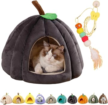 Pumpkin Cat Bed, 2025 Fall Halloween Cat Bed Cave, Cute Pumpkin Shape Pet Nest Tent for Indoor Cats, Warm Pet Cave Semi-Enclosed Sleeping, Machine Washable Black, S