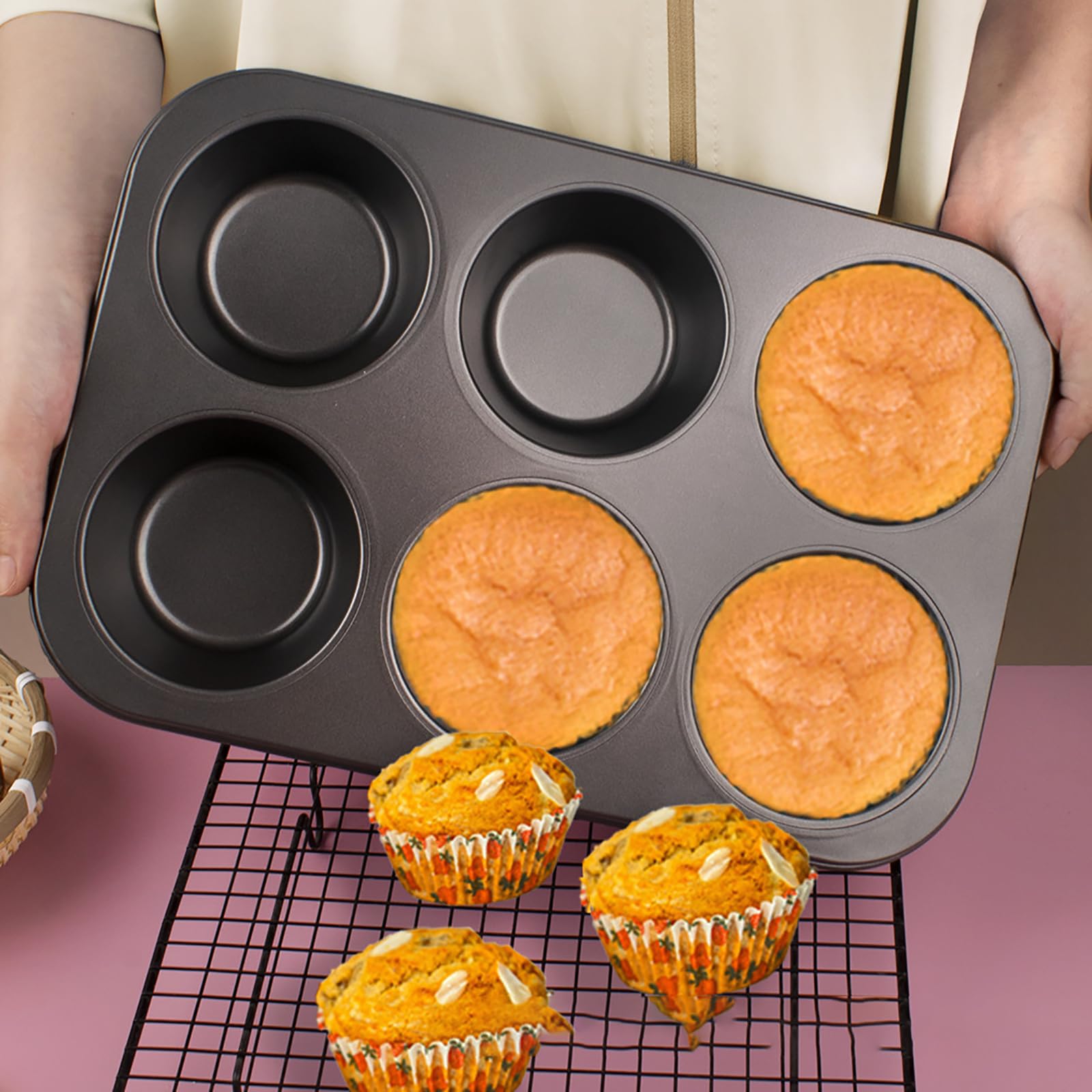 2 paquetes de moldes redondos antiadherentes para hornear magdalenas, moldes para magdalenas, moldes para tartas de queso, acero al carbono, color negro